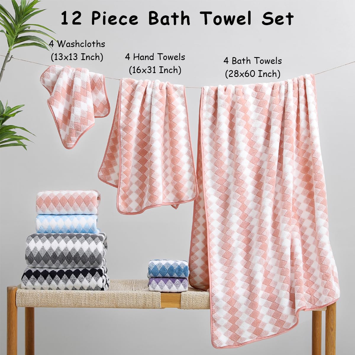 12 Pcs Light Gray Diamond Towel Set-4 Bath Towels,4 Hand Towels,4 Washcloths Soft Polyester Towels with Loop Absorbent Shower Towel Quick Dry Beach Chair Towel Family Towels for Bathroom Spa Gym Pool BST220