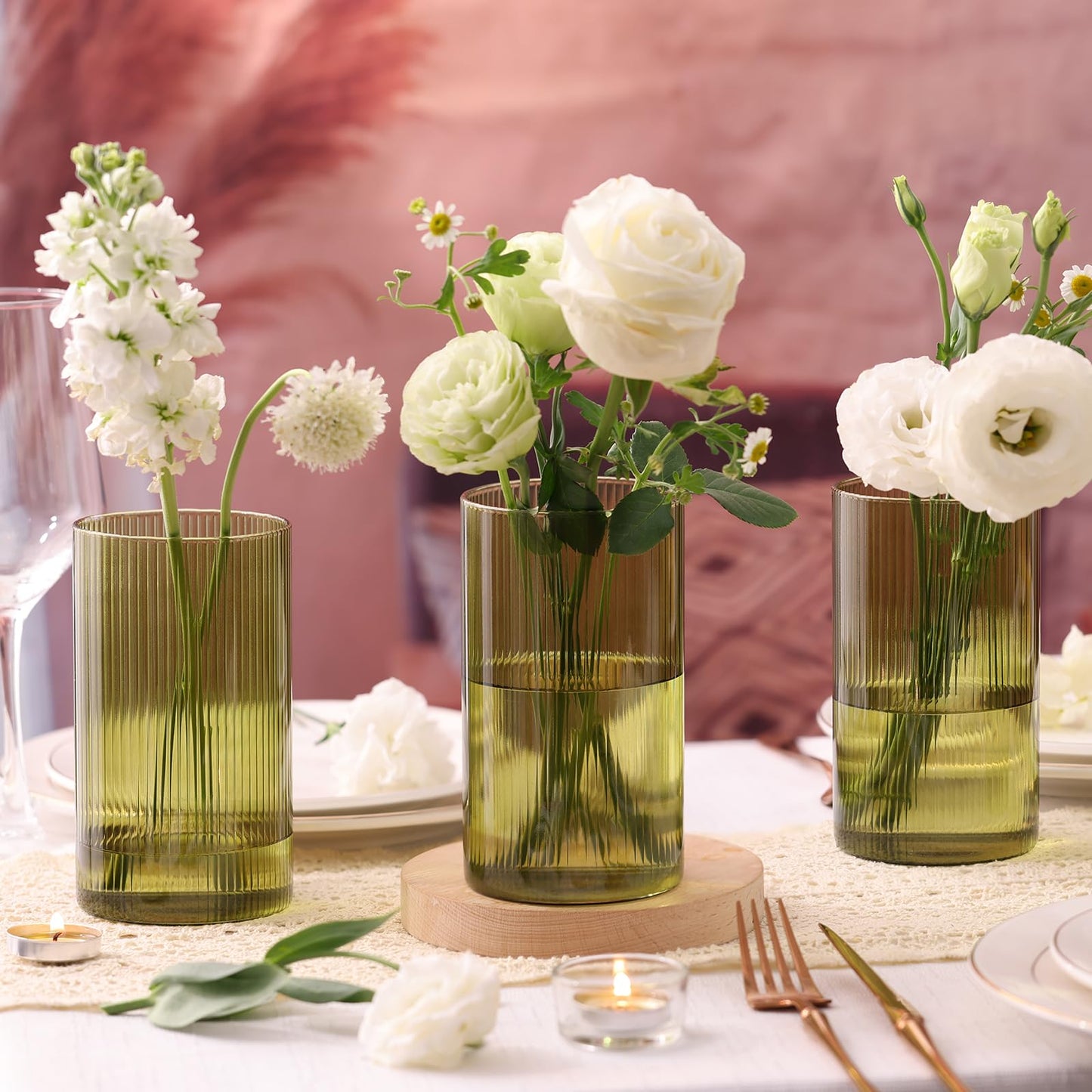 Glass Ribbed Cylinder Vases, 8 Inch Tall, Clear, Pack of 3 | Flower Vases in Bulk, Hurricane Floating Candle Vases, For Party Home Decor BST326H
