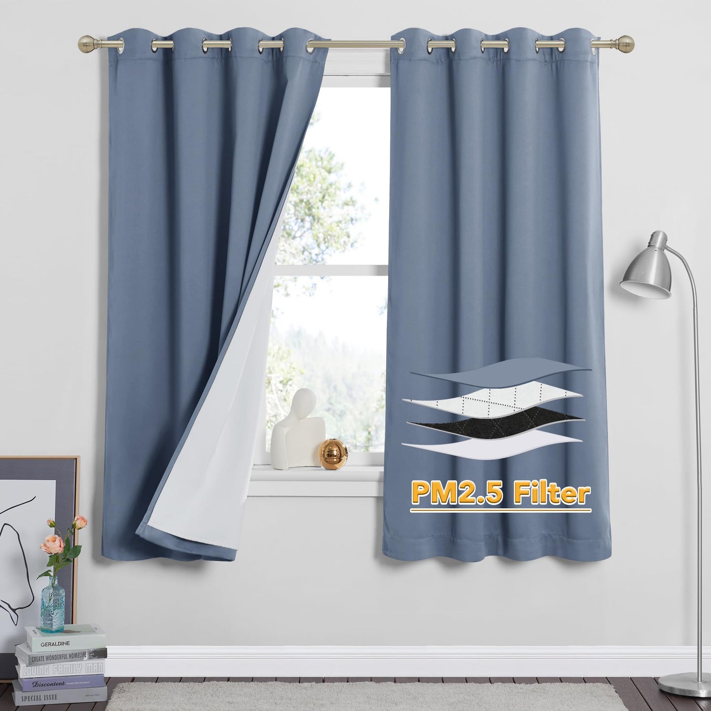 RYB HOME 4-in-1 Dust Filtering Soundproof Blackout Insulating Privacy Window Curtains for Nursery Bedroom Living Room Rivider Sound Absorption Sheet, Black, W52 x L90 inch, 2 Panels BST220