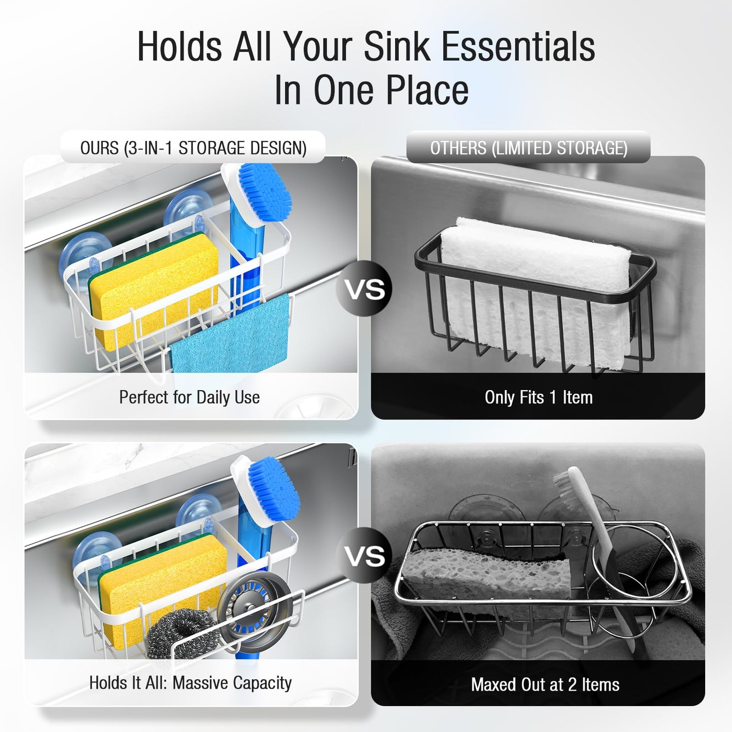 3-in-1 Kitchen Sink Caddy Organizer with Sponge Holder, Brush Holder, Extra Rack for Scrubber, Sink Stopper, Dish Cloth Hanger - Strong Dual Suction Cup, 2.0mm SUS304 Stainless Steel - Grey WN420