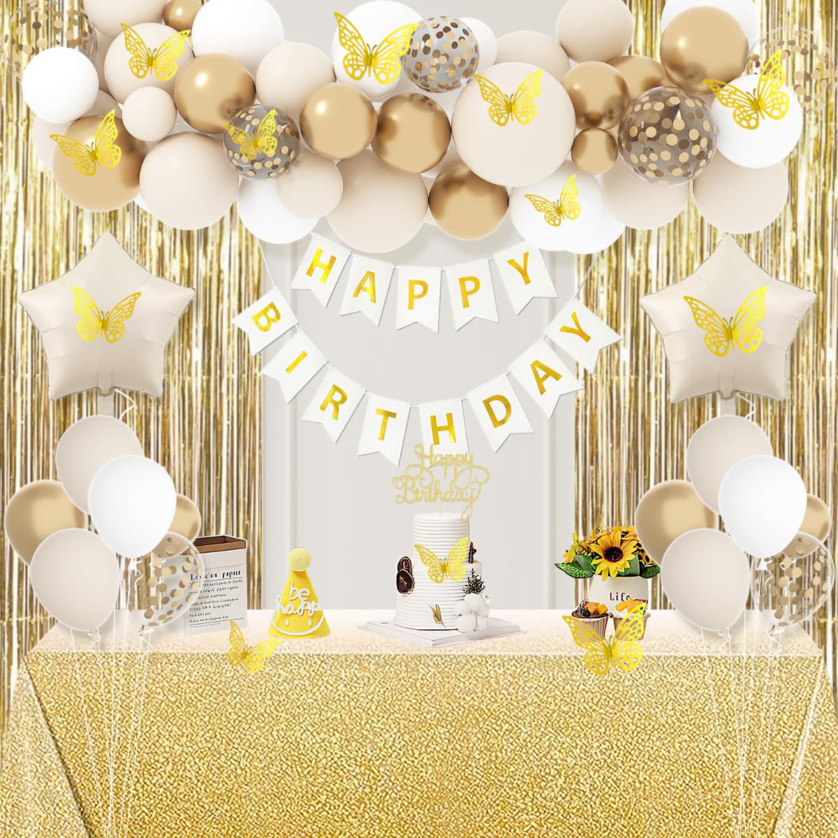 Gold Birthday Decorations for Women, Gold White Birthday Decorations Sand White Beige Neutral Gold Balloons Table Cloth Curtains Happy Birthday Banner Butterfly Boho Birthday Party Decorations BST326H