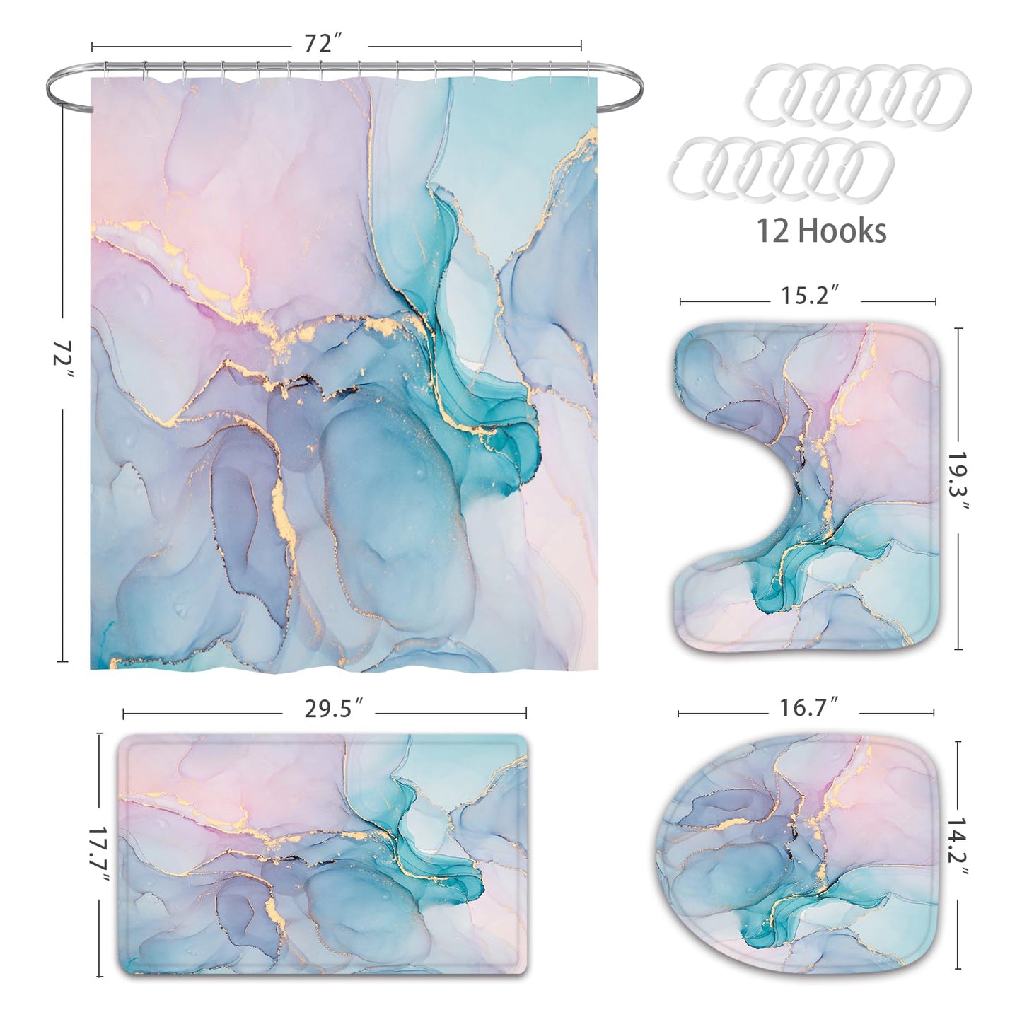 Gibelle 4 Pcs Bathroom Shower Curtain Set with Non-Slip Rugs, Toilet Lid Cover and Bath Mat, Grey Blue Marble Bathroom Decor Set with Shower Curtain and Rugs and Accessories BST326H
