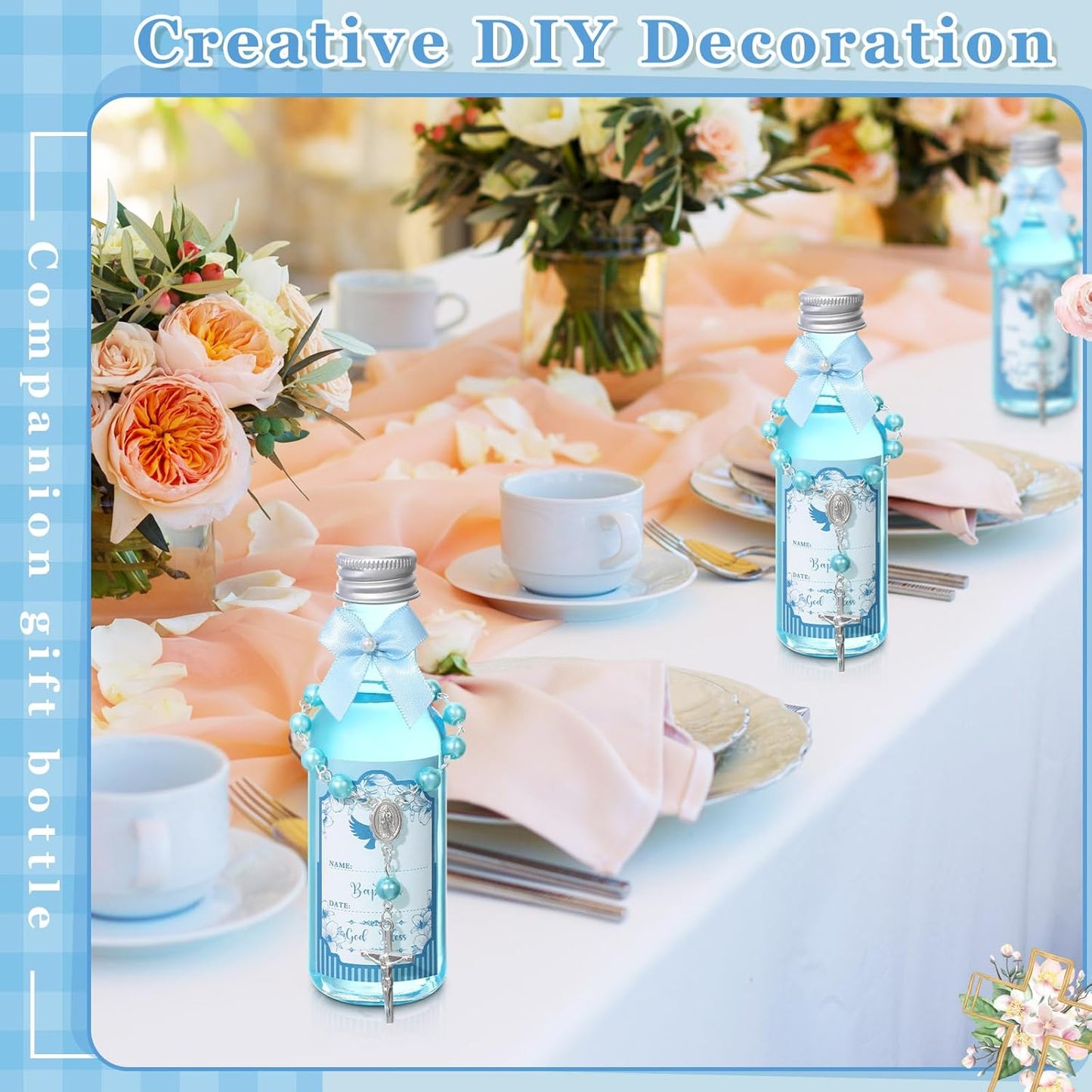 FillTouch 12 Sets Catholic Holy Water Bottle Baptism Rosary Set Baptism Favors 1.7oz Christian Water Container Empty Glass Holy Water Bottle for Easter Party Church Wedding Table Newborn (Blue) BST326H