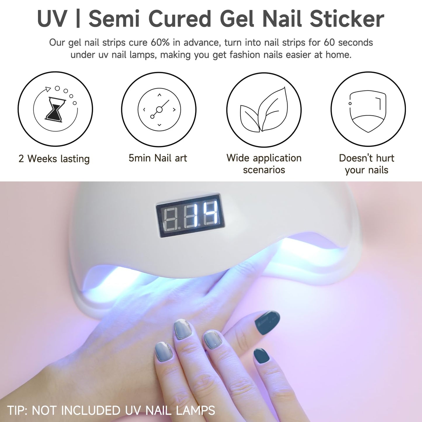 Semi Cured Gel Nail Strips, 56Pcs Nail Art Stickers/Wraps, Long Lasting UV Nail Polish Strips for Adults (Silver Rhinestones+French Tip Glitter) BST220