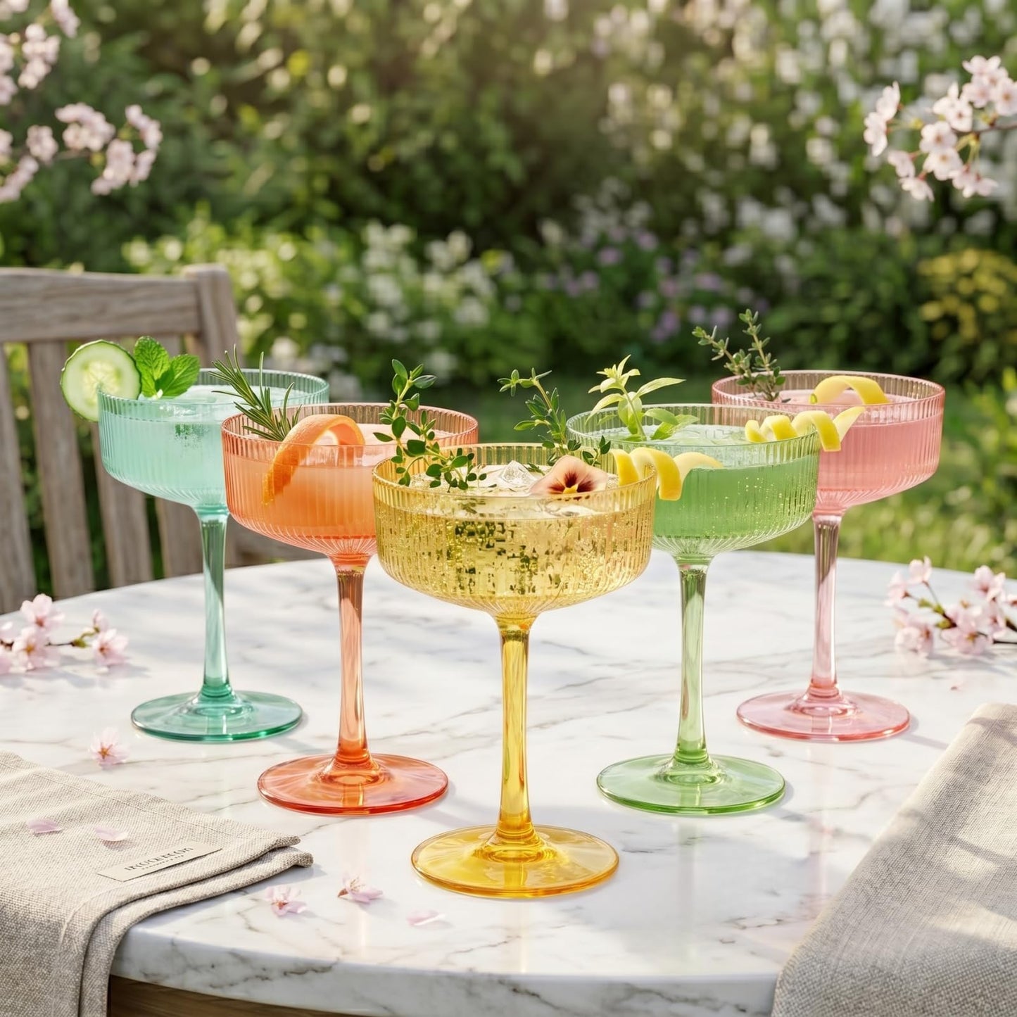 Khen Pink Peach Acrylic Ribbed Coupe Martini Champagne Cocktail Glasses, Set of 4, 8 oz Shatterproof Ripple Stemware European Style Reusable Drinkware Goblets, Indoor Outdoor Parties Weddings Bar Gift BST220