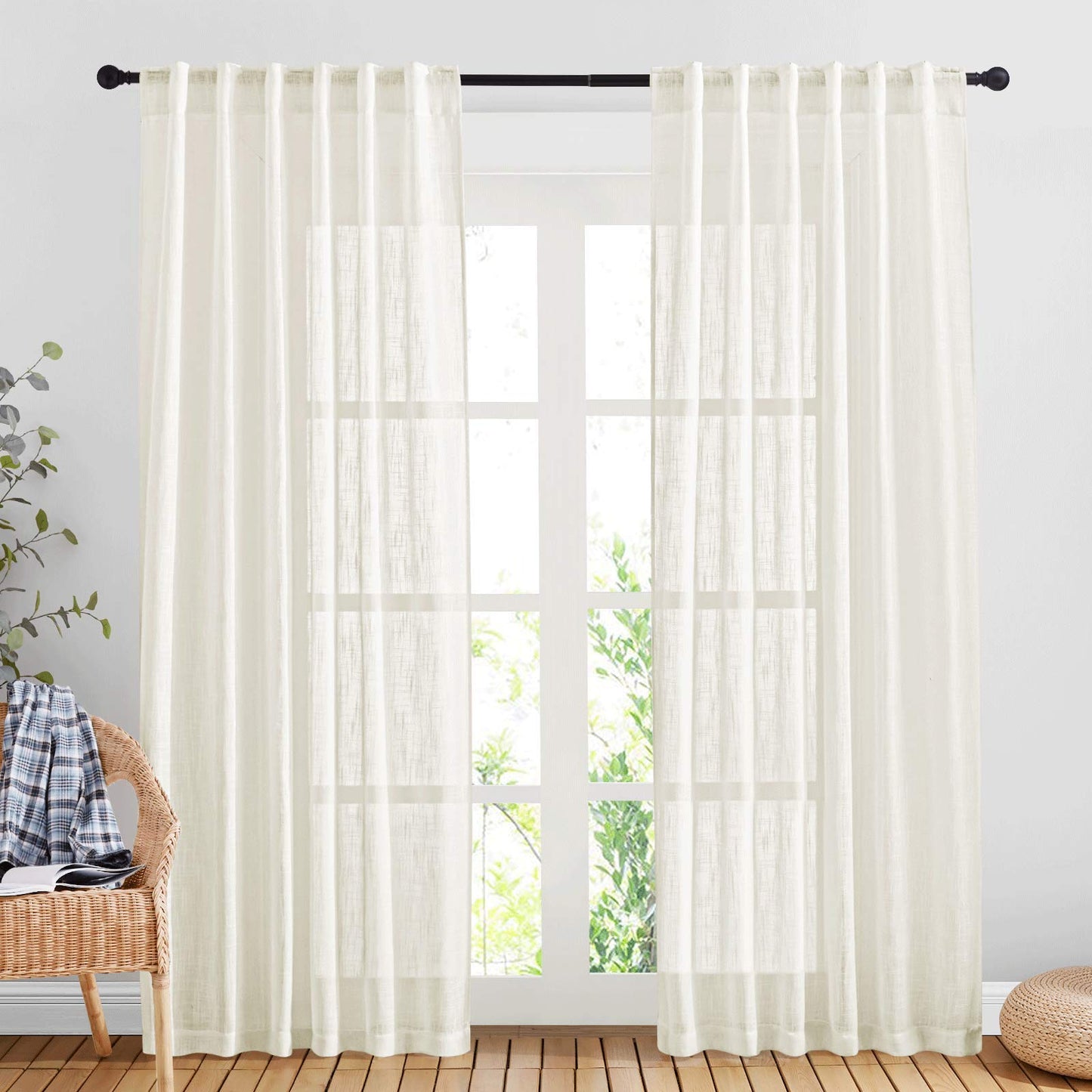 NICETOWN White Semi Sheer Kitchen Curtains 30 inch Length, Rod Pocket & Back Tab Faux Linen Blend Privacy with Light Filtering Window Drapes for Cafe, W34 x L30, 2 Panels BST220