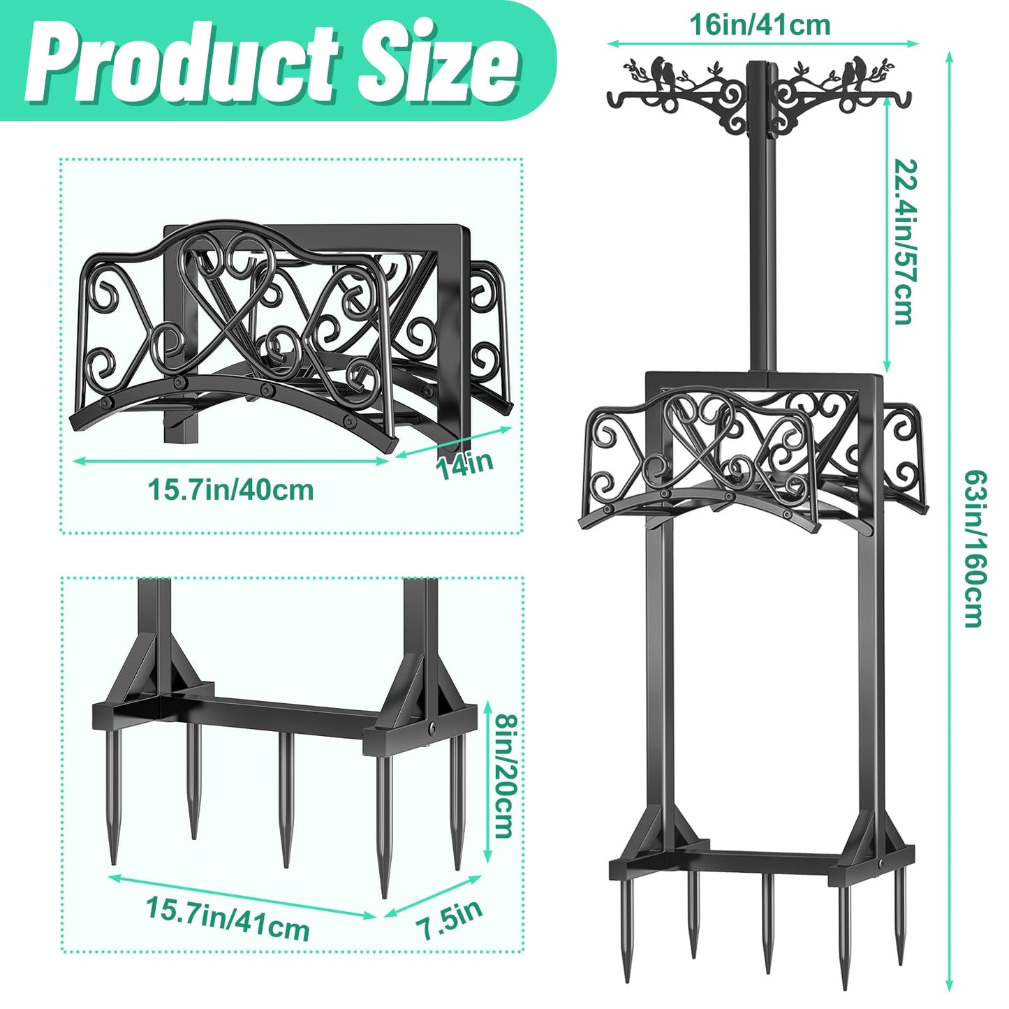 Garden Hose Holder, Freedstanding Heavy Duty Garden Water Hose Holder Stand with 2 Shepherds Hooks, Detachable Metal Hose Storage Hanger Rack for Outside Yard Lawn Farm DD1210