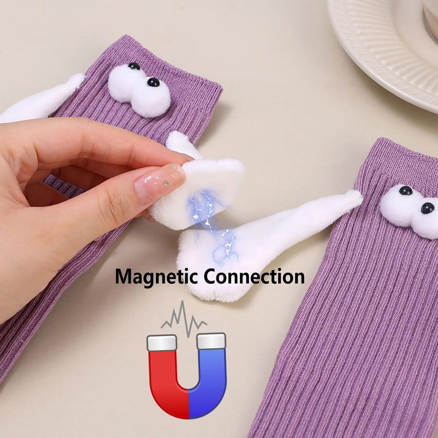 ARTSIM Magnetic Hand Holding Socks for Couple Friends Kids - 3D Doll Mid-Tube Cute Novelty Xmas Socks BST326H