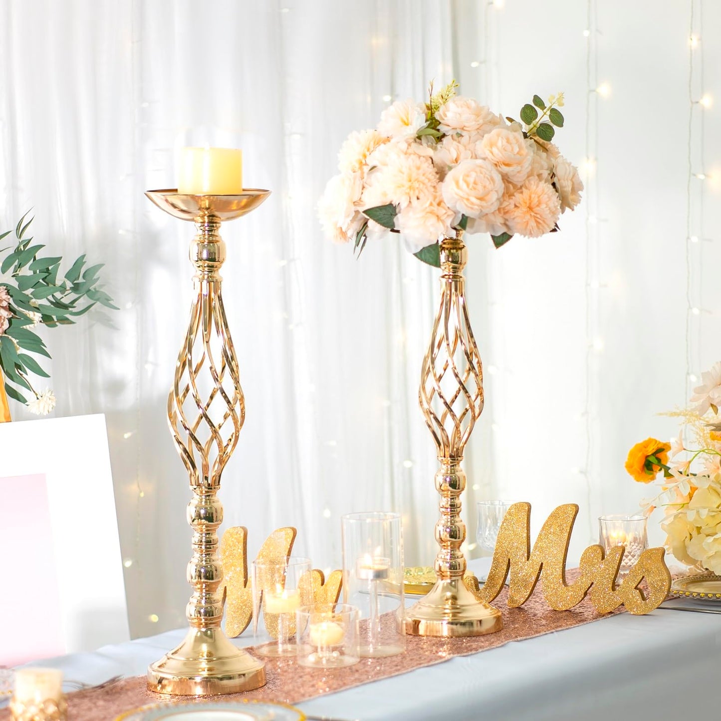 2pcs Metal Silver Candle Holders Road Lead Table Centerpiece Stand Pillar Candlestick for Wedding Candelabra Flowers Vases WN420