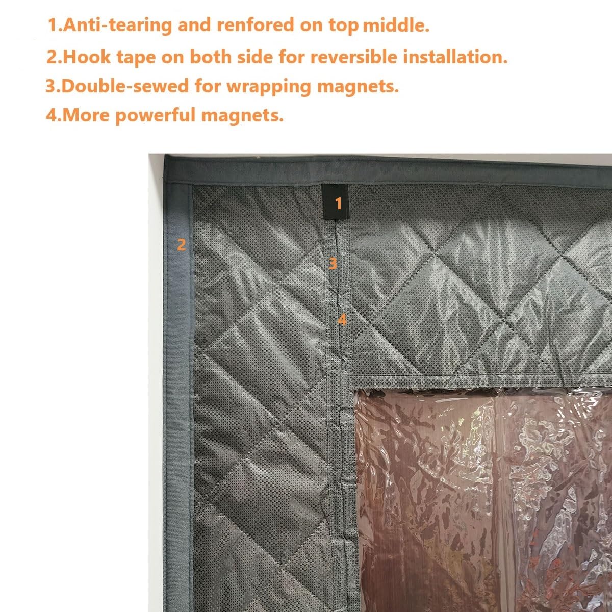 Thermal Door Curtain Fits Doors Size 38"x80"，Curtain Size 41"x82", Magnetic Insulated Curtain Side Open Keep Warm in Winter Cool in Summer,Diamond Pattern,Gray WN420