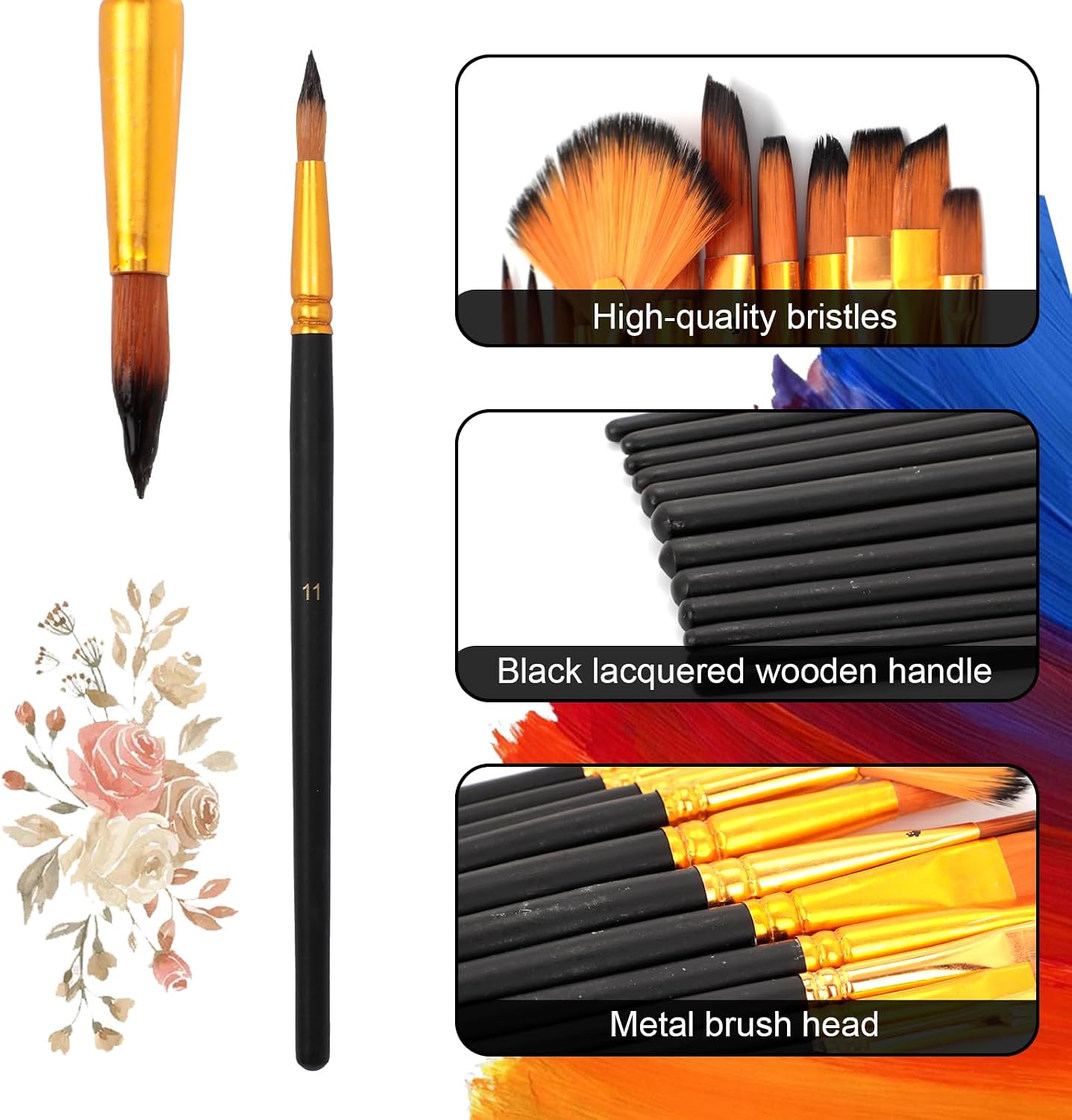 12 Pcs Artist Paint Brushes Set, Professional Watercolor Brushes with Round, Detail, Dagger & Wide Flat for Acrylic, Oil, Gouache, Ink Painting BST326L