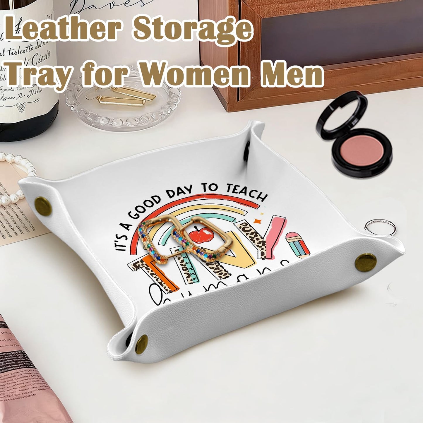 Marble Jewelry Valet Tray for Women Men, Black and Gold Marble PU Leather Catchall Beside Caddy Nightstand Organizer Tray for Jewelry Rings Watches Keys and Accessories, 7.87x7.87in BST220