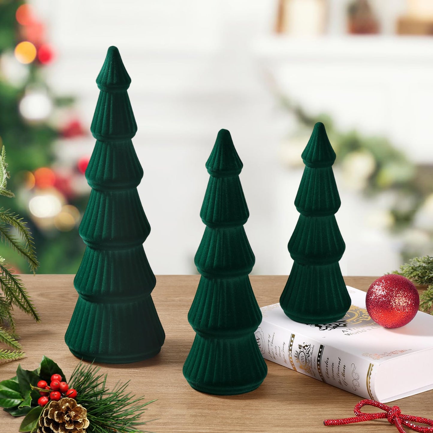 Wooden Christmas Tree Figurine, 3 Pcs Tabletop Xmas Tree, Christmas Centerpiece Decor for Home Entryway Mantel Shelf Table Fireplace Holiday (White-Wood) BST326H