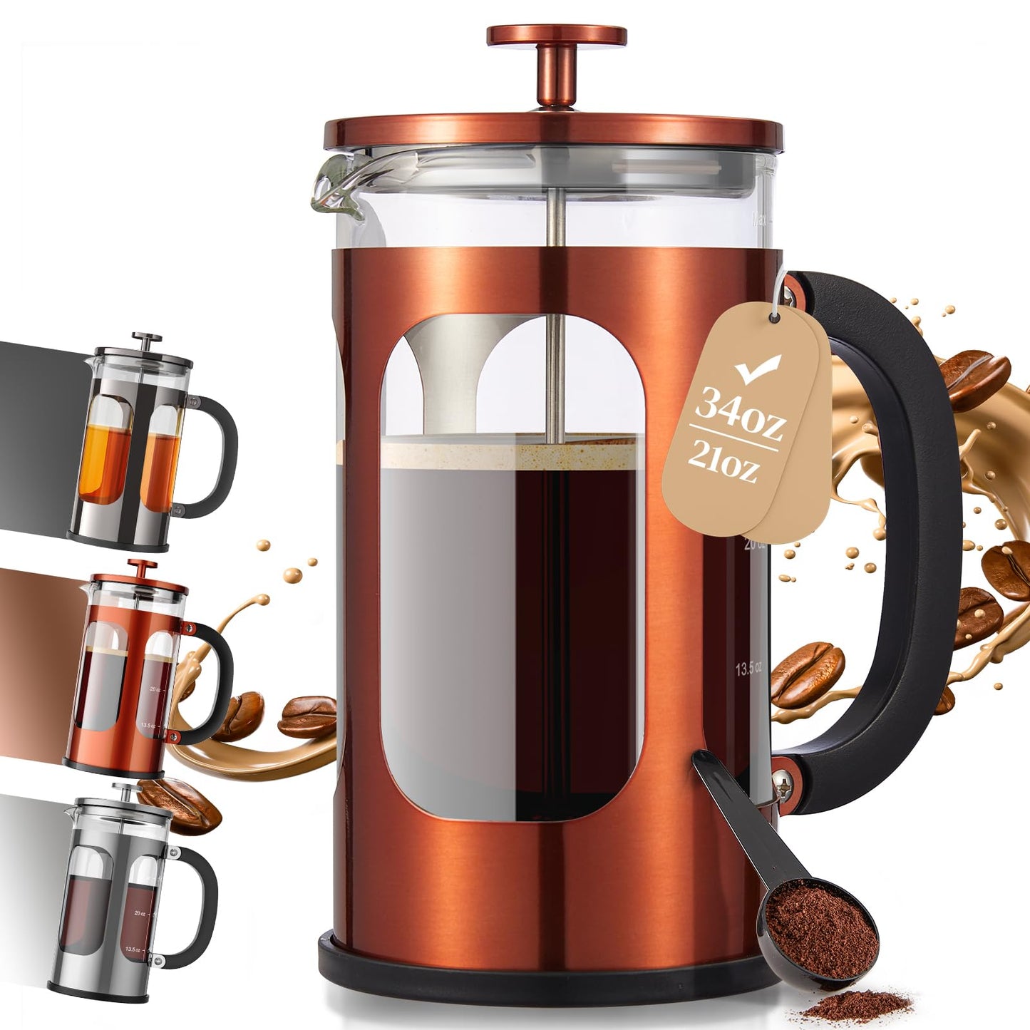 Veken French Press Coffee Maker 34oz, No Plastic Touching Cafe,Thickened Glass Stainless Steel Brewer, Cold Brew Cafetera Tea pot for Kitchen Travel Camping, Gifts, Decor, Bar Accessories, Dark Pewter