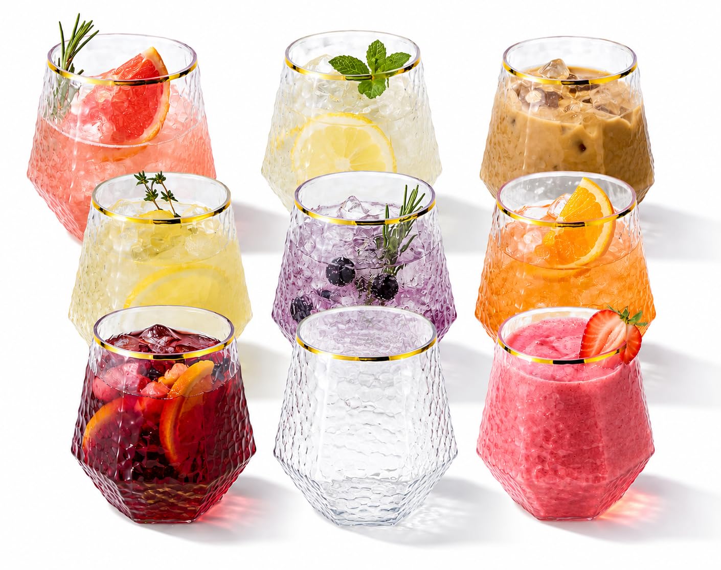 Oojami 40 Pack Diamond Disposable Plastic Wine Glasses 12oz for Parties | Stemless Wine Cups, Champagne Cocktail Whiskey - Shatterproof Unbreakable Reusable Recyclable BPA-Free, Weddings Birthday BST220