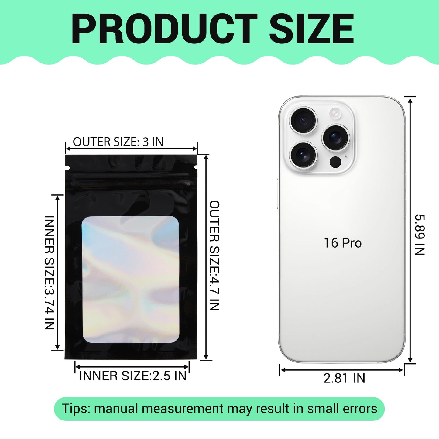 Holographic Mylar bags -100Pcs Self-Seal Resealable Zip Baggies with Clear Window, Smell Proof Laser Iridescent White 3x4.7 inch for Small Business Samples, Party favors,Snacks,Jewelry BST326L