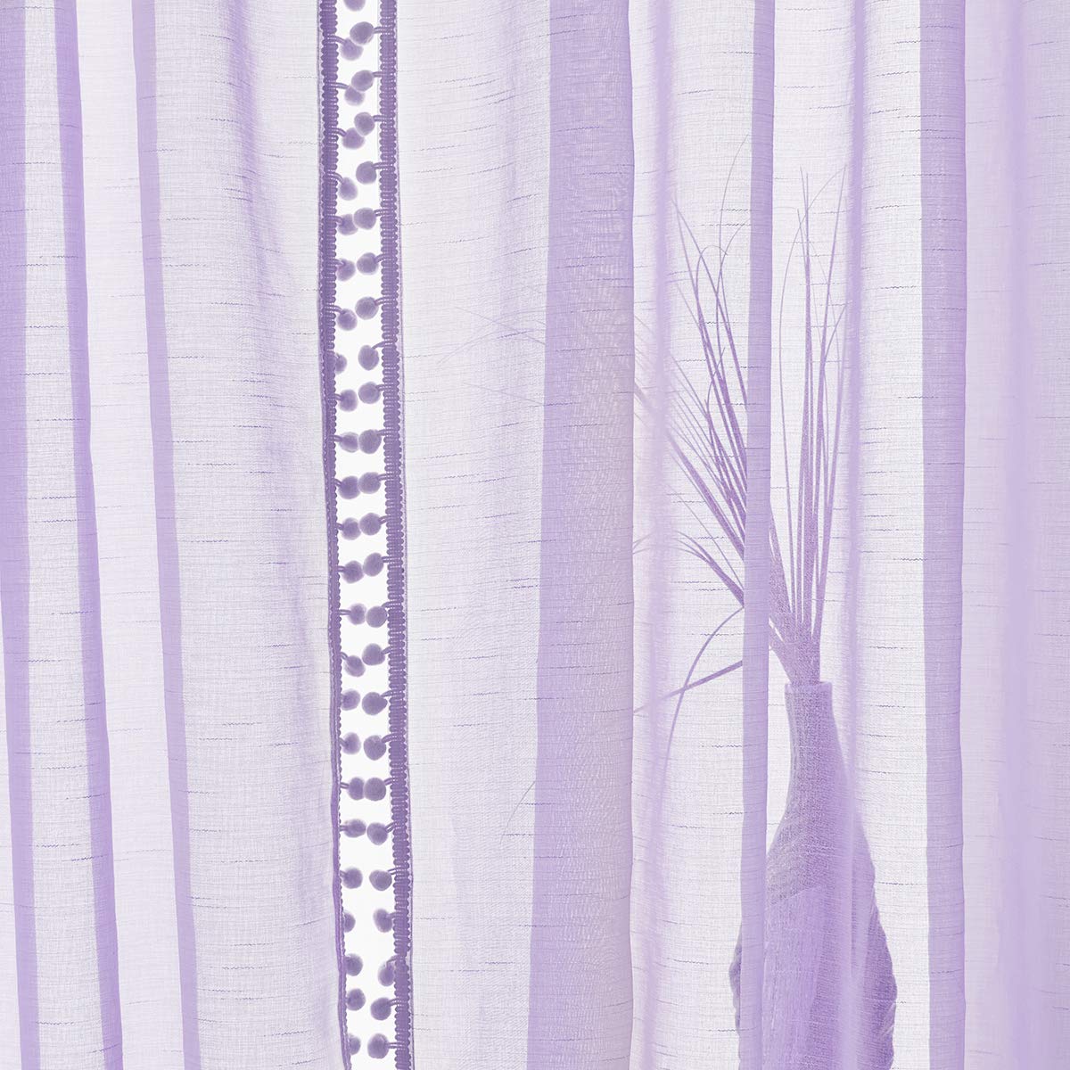 Treatmentex Pom-Pom Grey Sheer Curtains for Bedroom 63" Window Drapes Rod Pocket Textured Sheer Curtain for Kids Room 52" w 2 Panels BST202