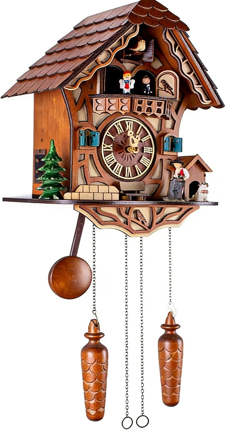Black Forest Wooden Cuckoo Clock with Dancing Figures, Quartz Wall Clock | Nature Wood; Volume Control; Night Silent DD1210
