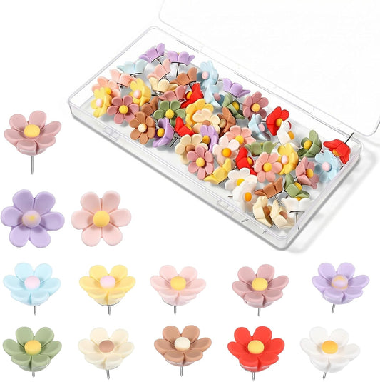 50 Pcs Cute Push Pins for Bulletin Board, Thumb Tacks for Bulletins Boards | Flower Push Pins for Bulletin Board, & Cork Boards, Floral Decorative, for Wall, Travel Map, Photo BST326L