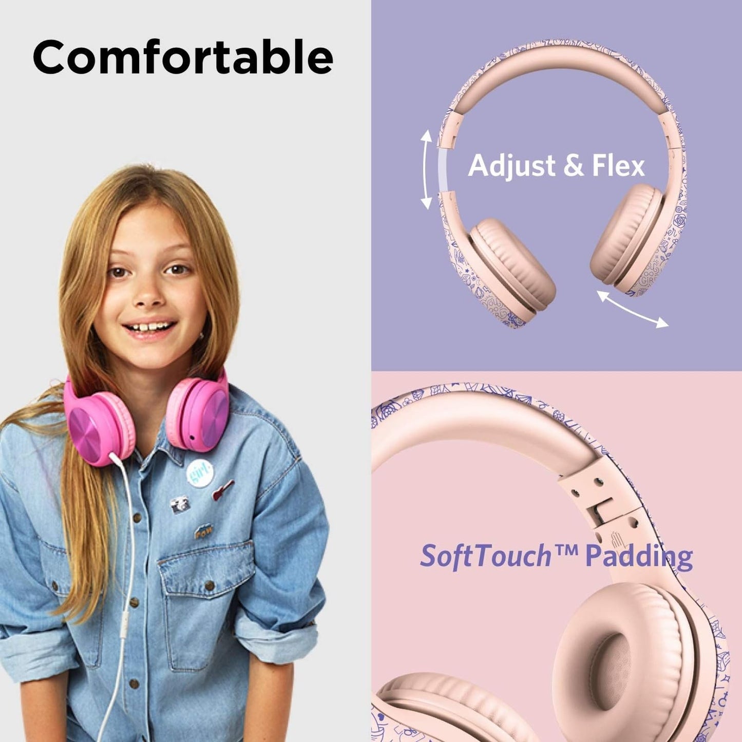 LilGadgets Connect+ Pro Wired Kids Headphones for School with Microphone, Volume Limiting Over-Ear Headset with Cord, SharePort Technology & SoftTouch Padding, Blue