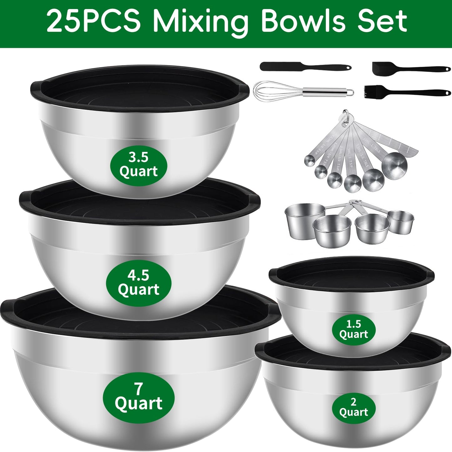 WEPSEN Mixing Bowls Set, 25PCS Stainless Steel Mixing Bowl with Lid Set, Large Nesting Bowls 7, 4.5, 3,2, 1.5QT, Measuring Cups and Spoons Baking Utensils Metal Bowl for Kitchen Prep BST220