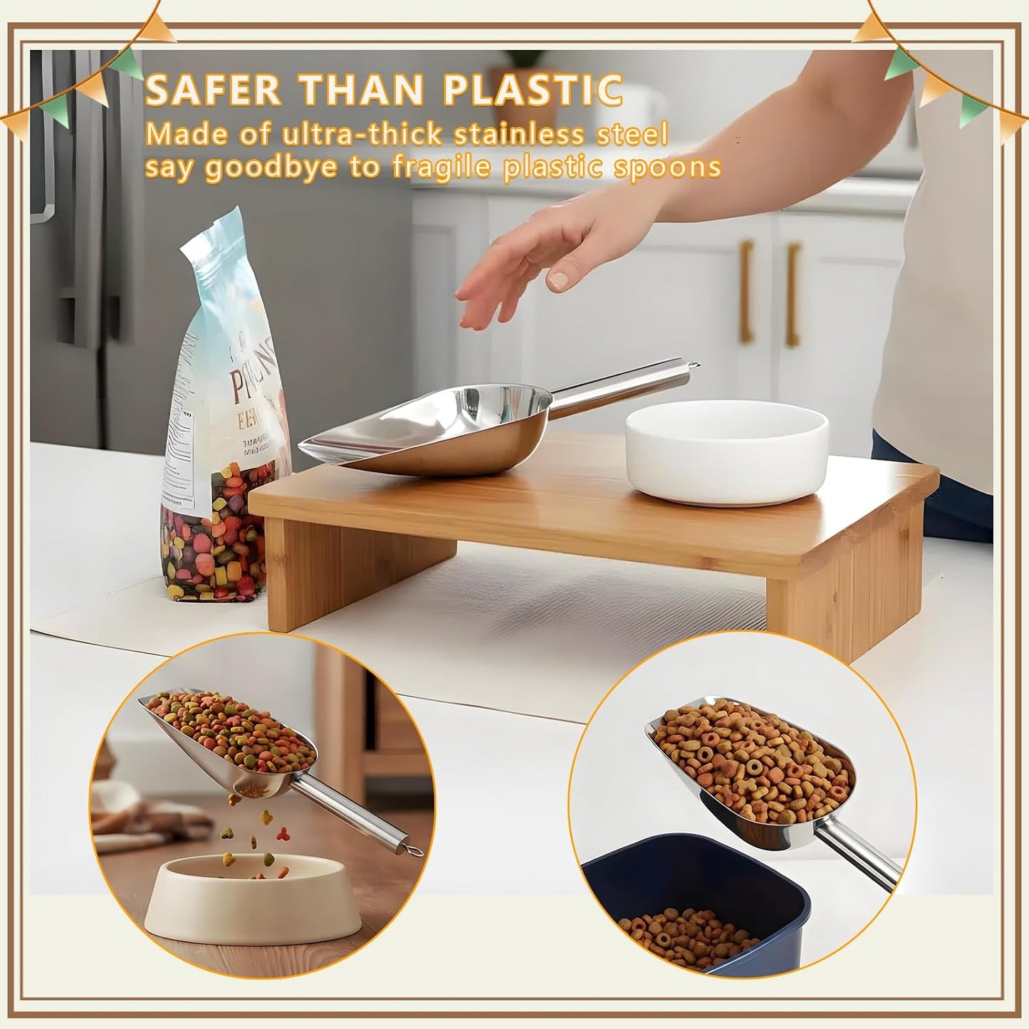 Dog and Cat Food Scoop, 1 Cup Stainless Steel Measuring Scooper with Long Handle for Pet Food, Ice Machine & Freezer, Easy to Clean & Store BST326L
