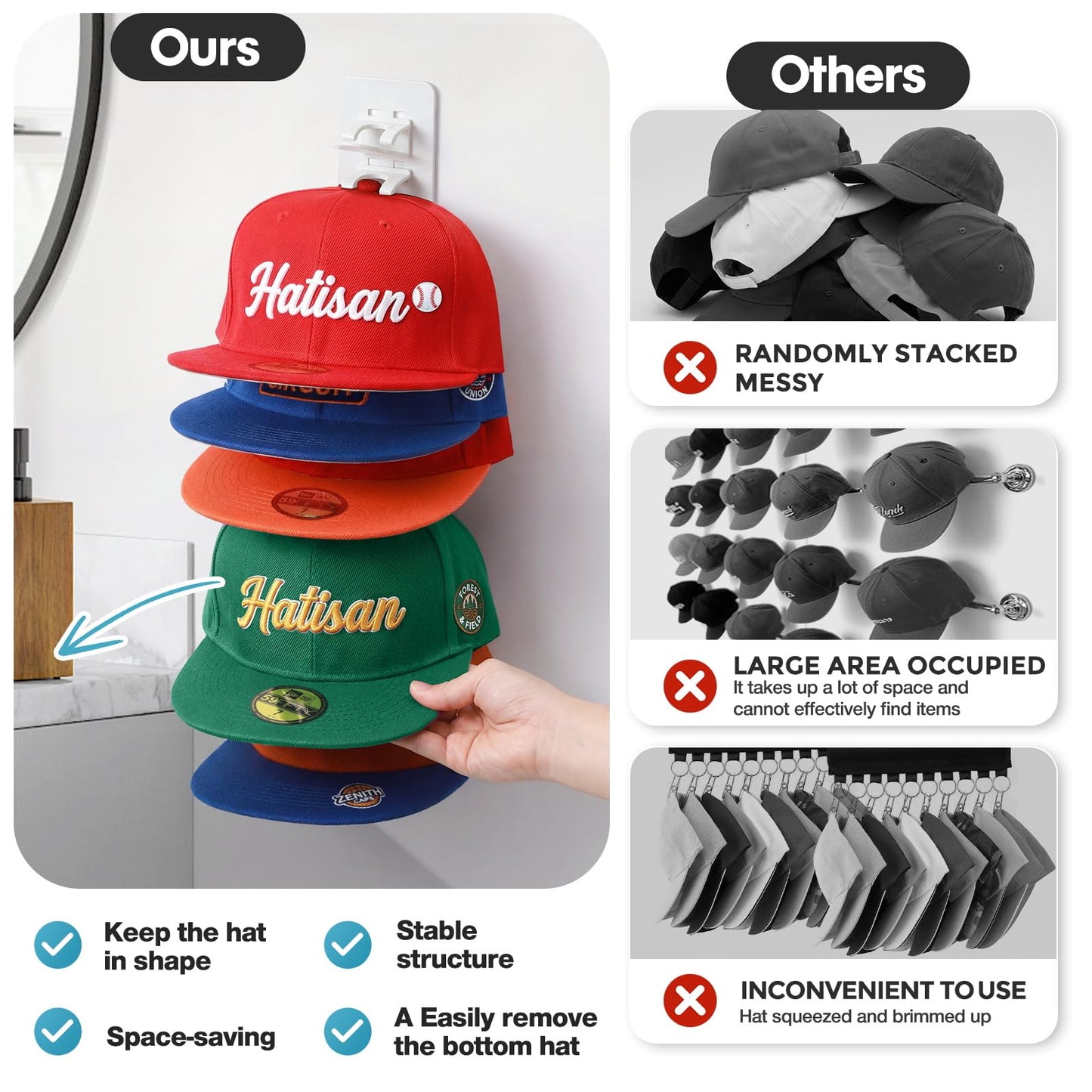 Hat Hook for Wall, 2 Pack Hat Organizer Hold up to 20 Hats,Hat Holder with Strong Adhesive and 8 Pack Screws, Cap Holder Hat Hangers for Wall Closet Door and Bedroom(B-Black) BST220