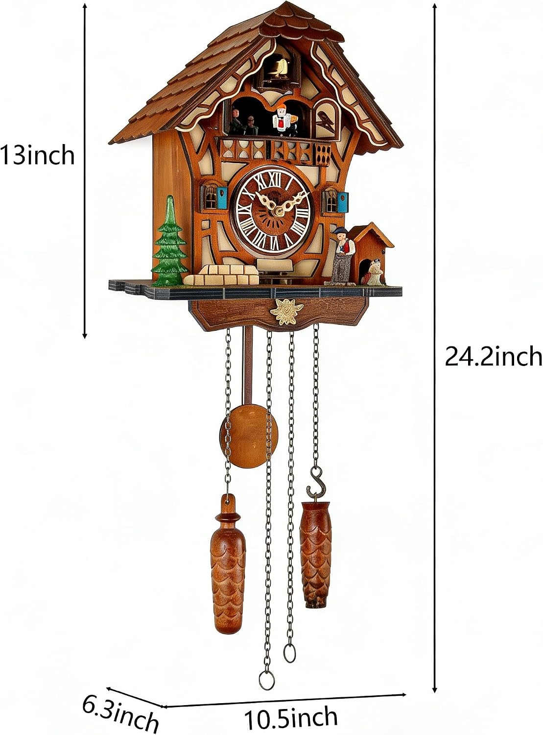 Black Forest Wooden Cuckoo Clock with Dancing Figures, Quartz Wall Clock | Nature Wood; Volume Control; Night Silent DD1210