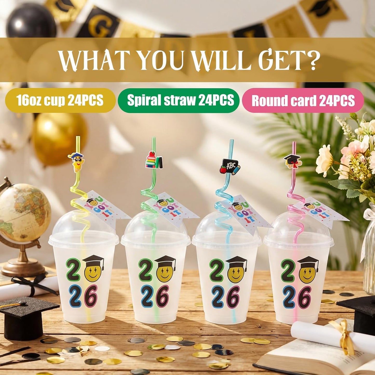 Domensi 24 Sets Graduation Plastic Cups with Lids Spiral Straws Tag Card Class of 2026 Congrats Grad Drinking Mugs 16 oz Gifts Tumbler for Preschool Middle School Graduation Party Favor BST220