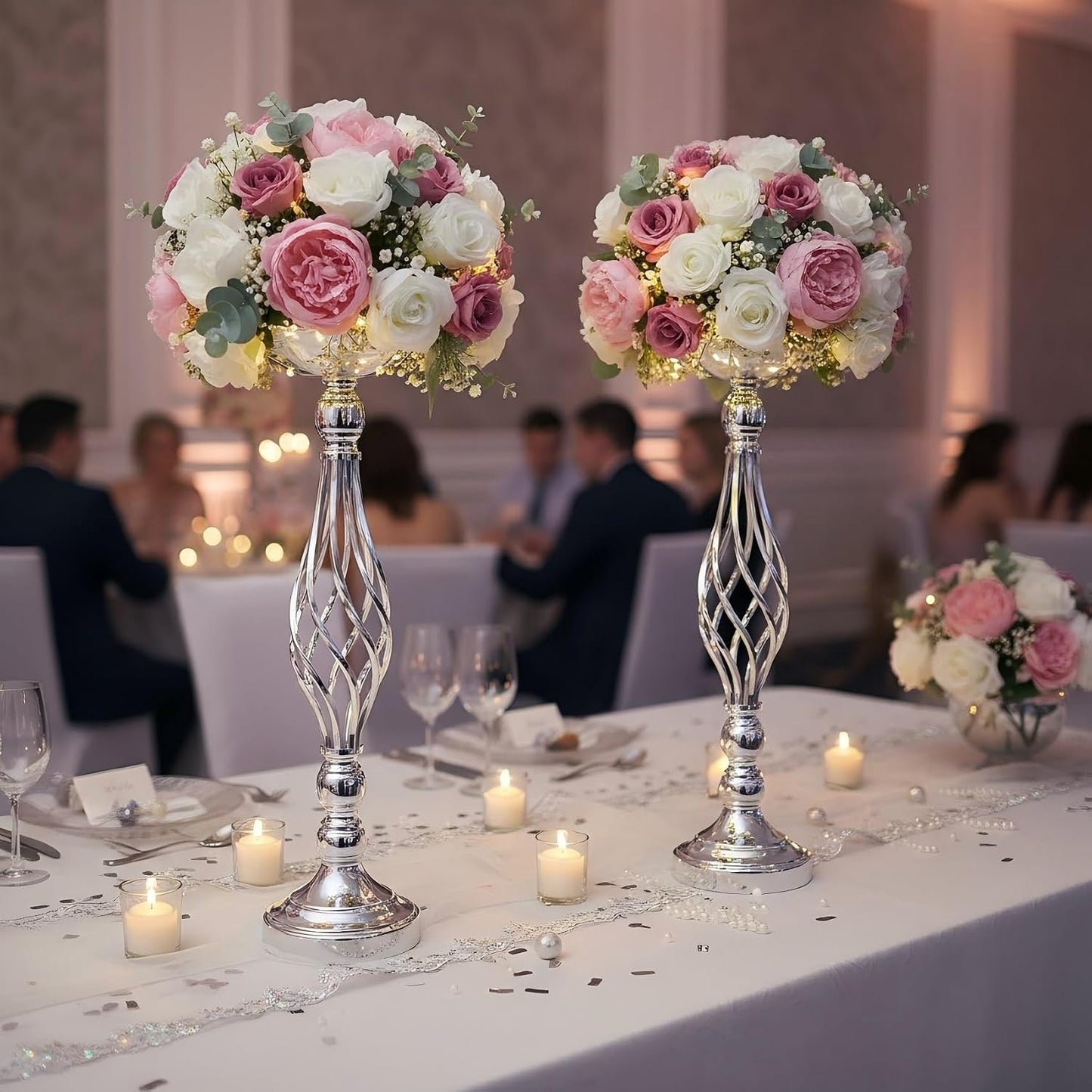 2pcs Metal Silver Candle Holders Road Lead Table Centerpiece Stand Pillar Candlestick for Wedding Candelabra Flowers Vases WN420