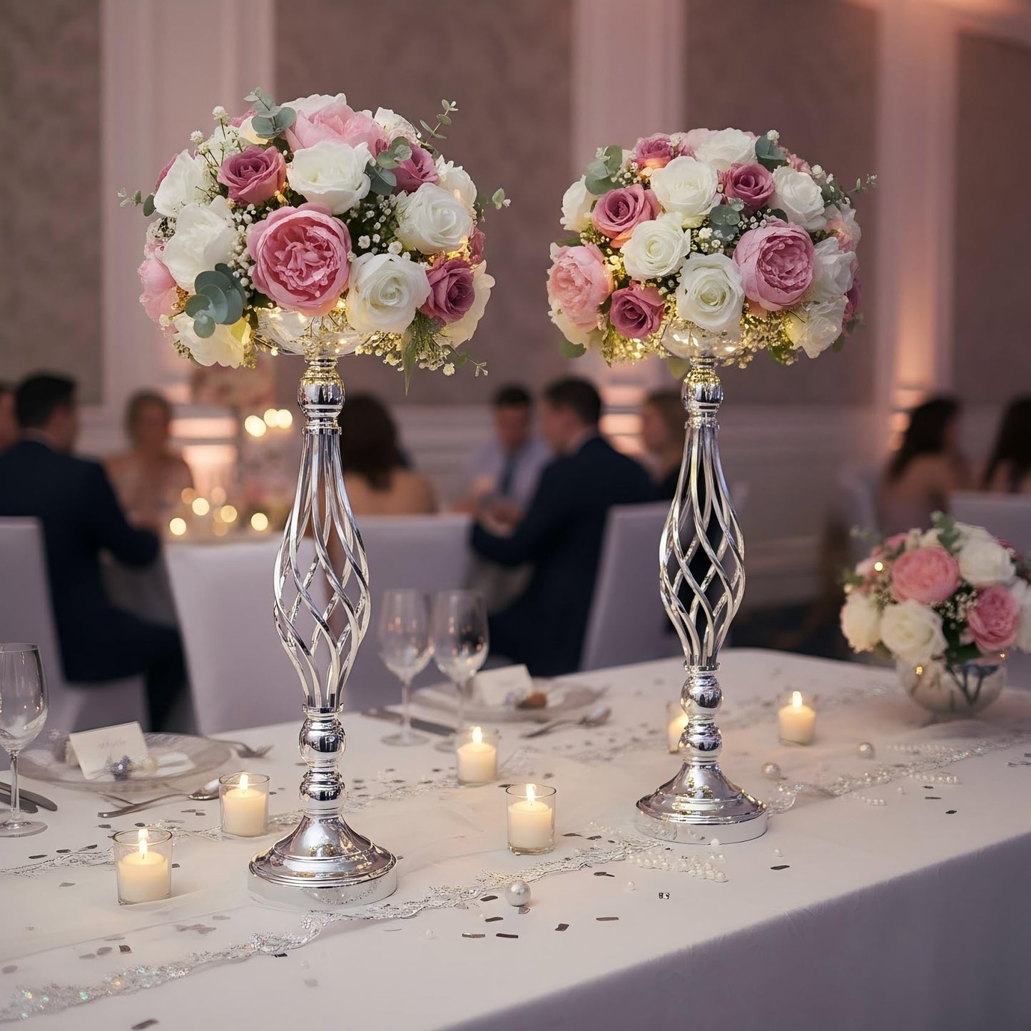 2pcs Metal Silver Candle Holders Road Lead Table Centerpiece Stand Pillar Candlestick for Wedding Candelabra Flowers Vases WN420