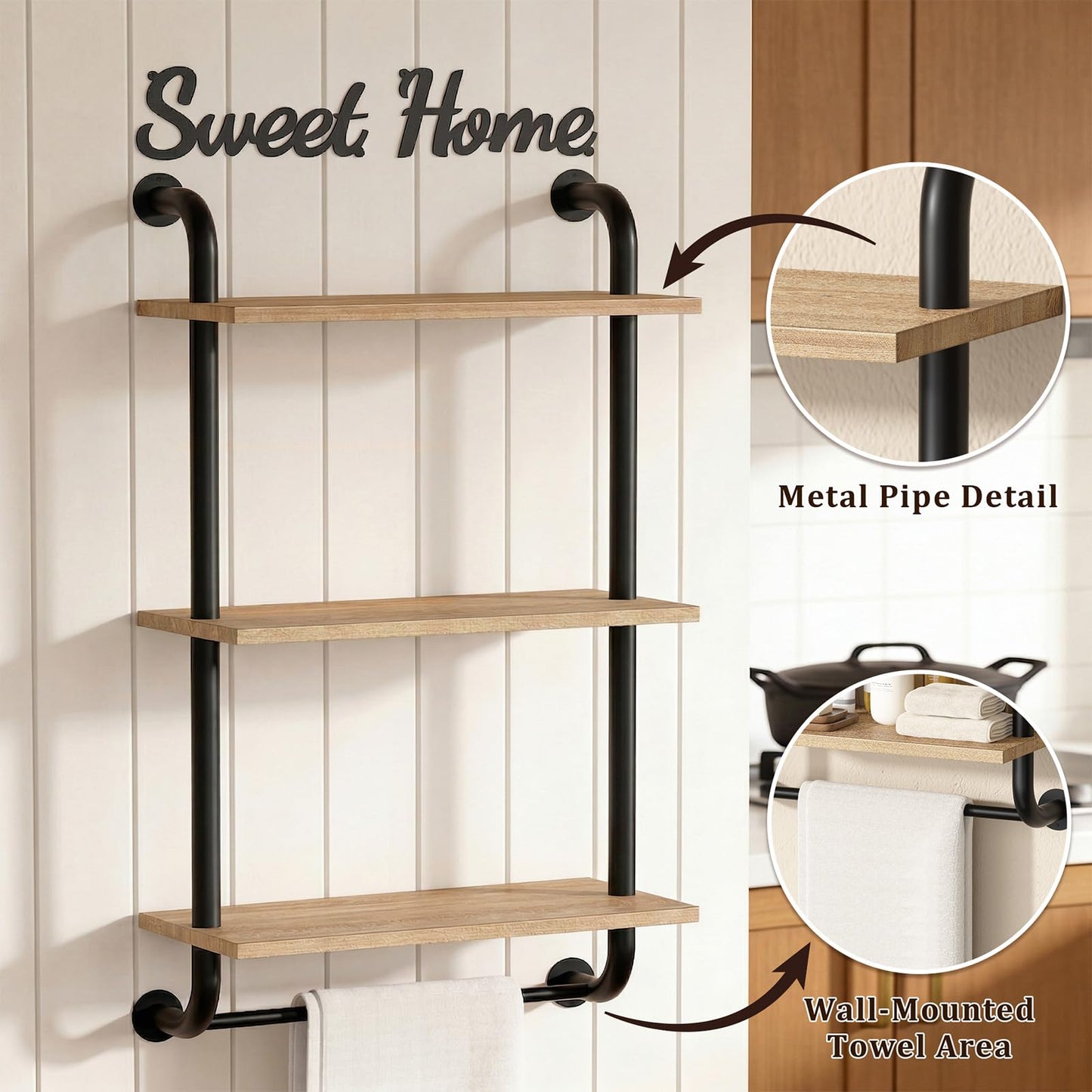 Tinpin Bathroom Shelves Wall Mounted, Rustic Farmhouse Pipe Shelves, Walls Shelf 3-Tier, Industrial Pipe Shelving, Floating Shelf Wall Decor for Bathroom, Kitchen, Bedroom, Living Room 17.3in Black DD1210
