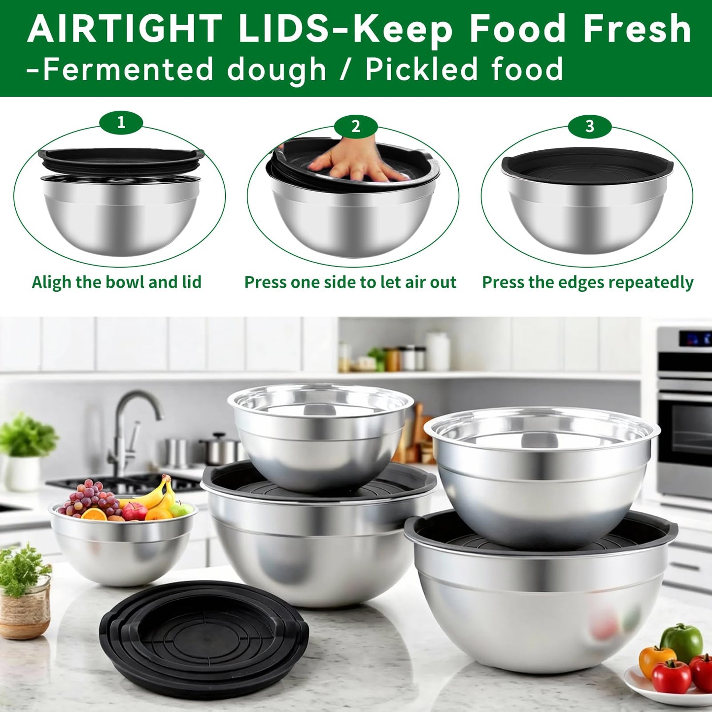 WEPSEN Mixing Bowls Set, 25PCS Stainless Steel Mixing Bowl with Lid Set, Large Nesting Bowls 7, 4.5, 3,2, 1.5QT, Measuring Cups and Spoons Baking Utensils Metal Bowl for Kitchen Prep BST220