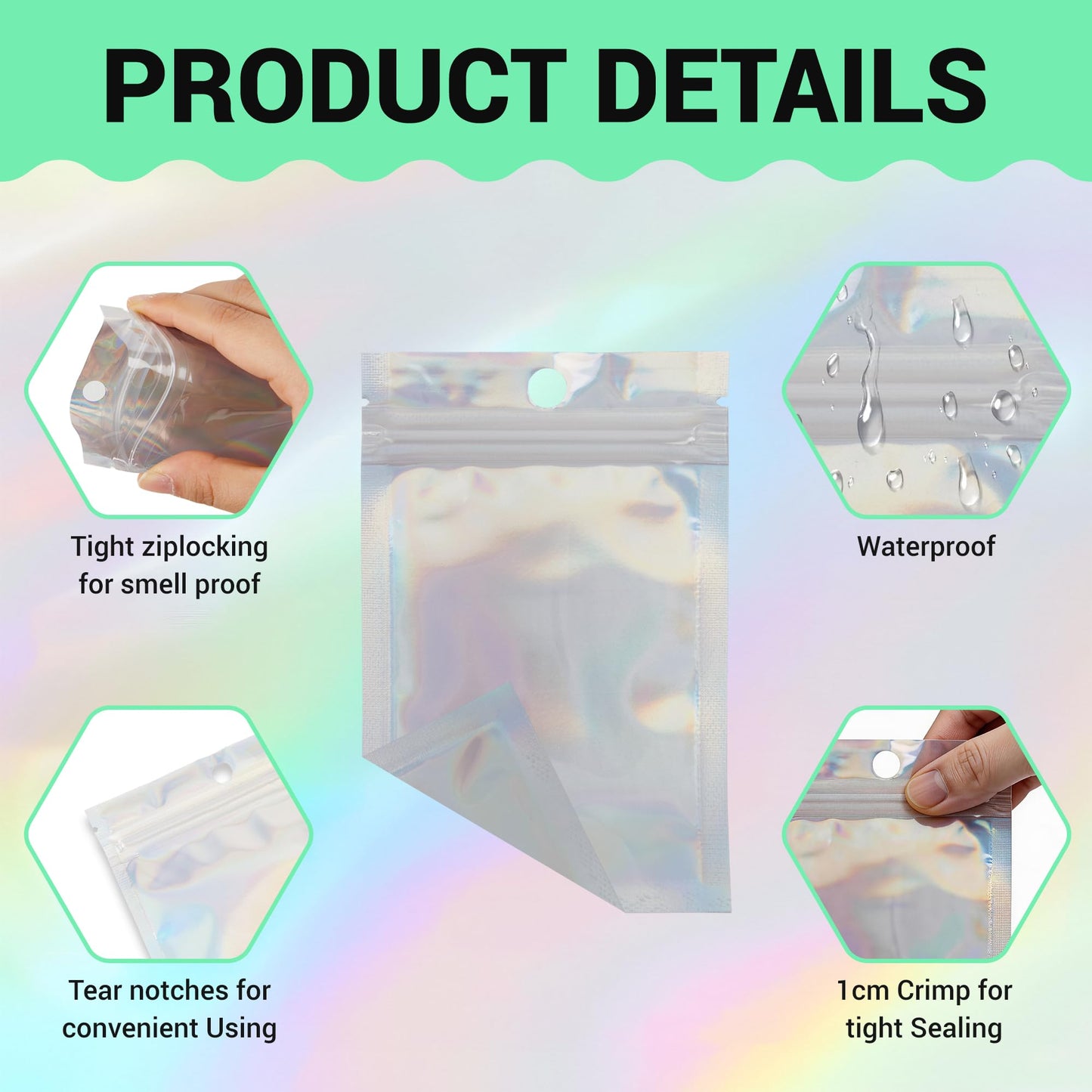 Holographic Mylar bags -100Pcs Self-Seal Resealable Zip Baggies with Clear Window, Smell Proof Laser Iridescent White 3x4.7 inch for Small Business Samples, Party favors,Snacks,Jewelry BST326L