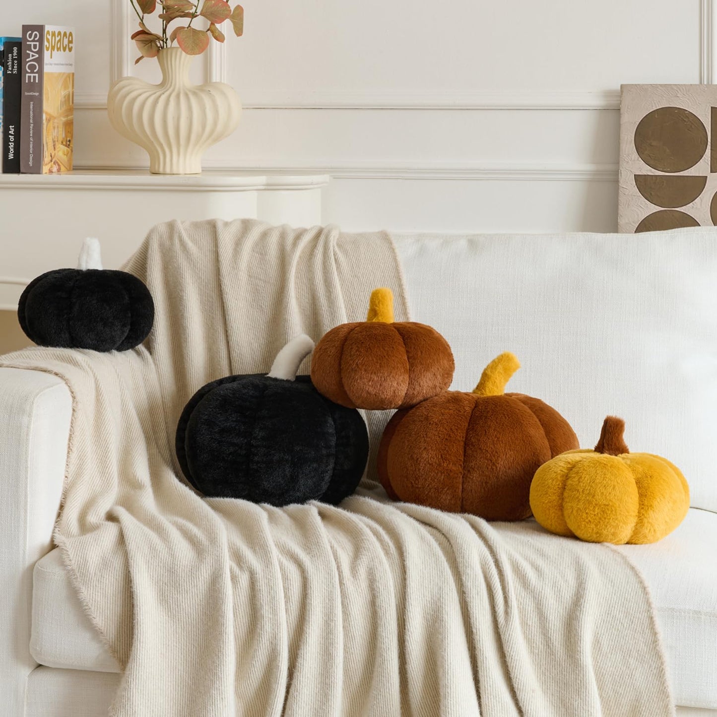 Pumpkin Pillows, Halloween Fall Throw Pillow, Pumpkin Shaped Pillow for Couch, Cute Stuffed Pumpkins, Autumn Decorative Cushion (White, 11 Inches) WN420