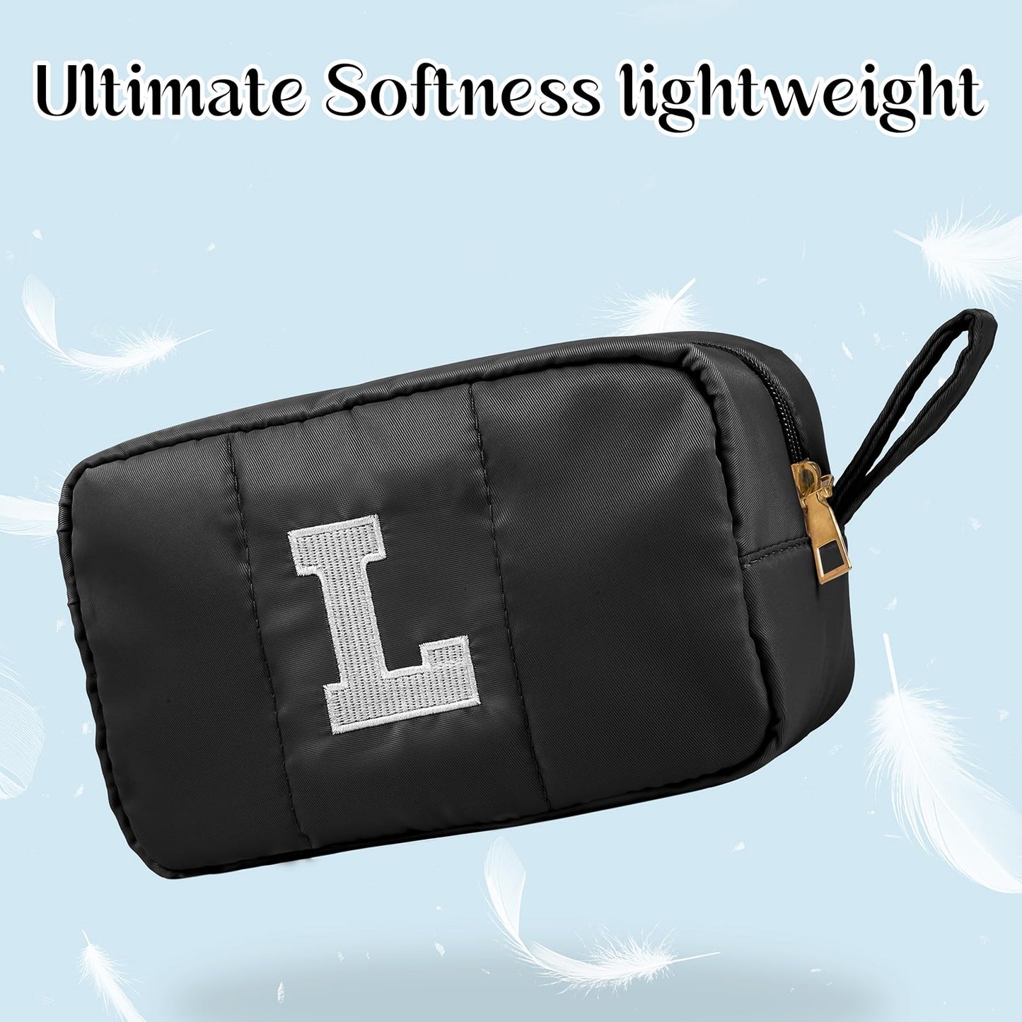 Puffy Makeup Bag for Women,Initial Cosmetic Bag,Cute Travel Toiletry Bag,Puffer Make Up Organizer Bags with Compartments,Personalized Gifts for Girlfriend Bridesmaid Teacher Graduation (Khaki gray, E) BST202