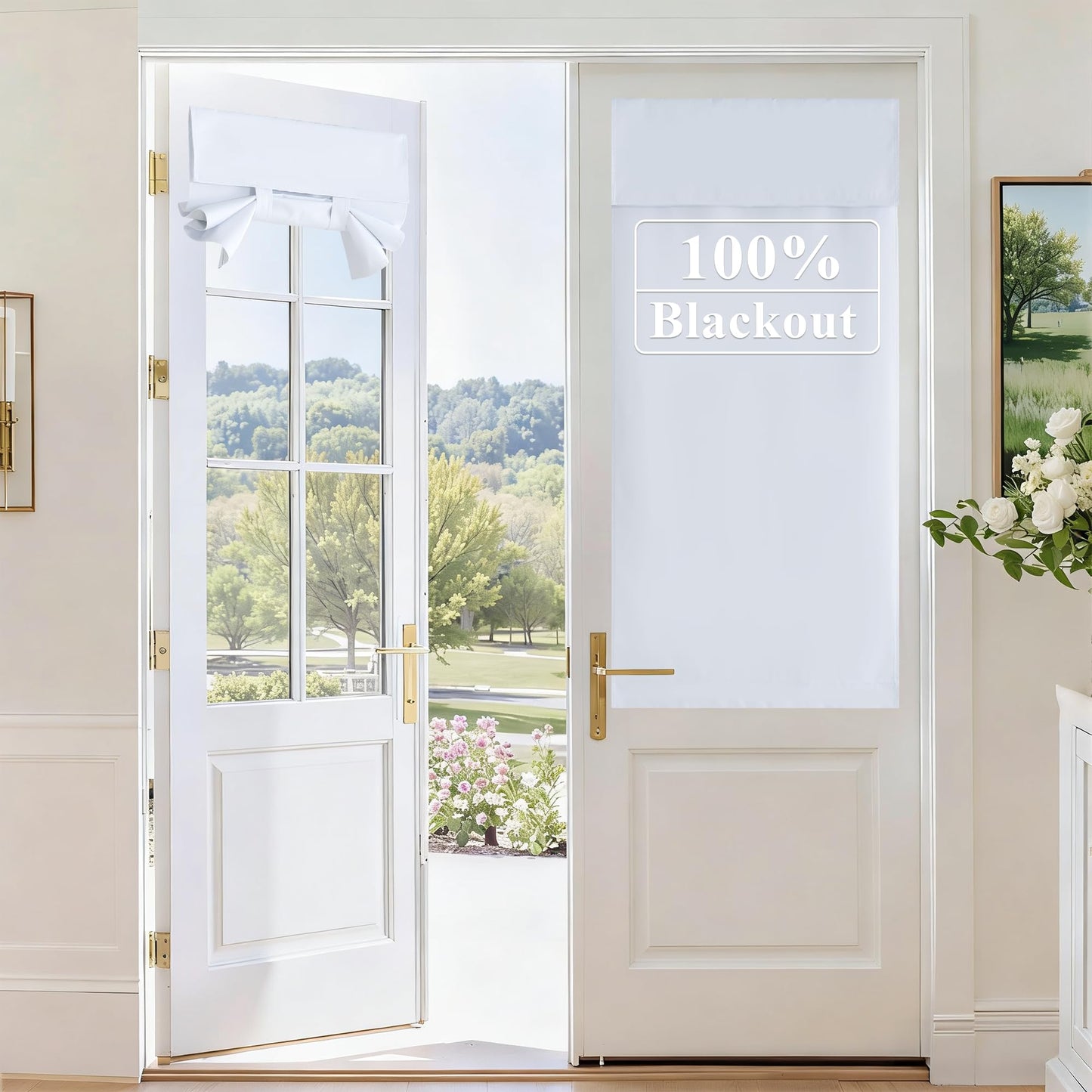 RYB HOME 100% Blackout French Door Curtains for Door Window - Room Darkening No Coating Thermal Insulated Privacy Protection Adhesive Cover for Glass Window, W 26 x L 40, 1 Panel, Black BST220