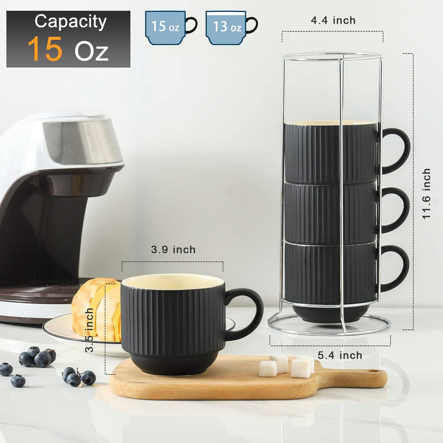 HASENSE 15 oz Ribbed Stackable Coffee Mug Set of 4, Porcelain Latte Cups with Metal Rack, Dishwasher & Microwave Safe, Cappuccino Tea Hot Cocoa, White BST220