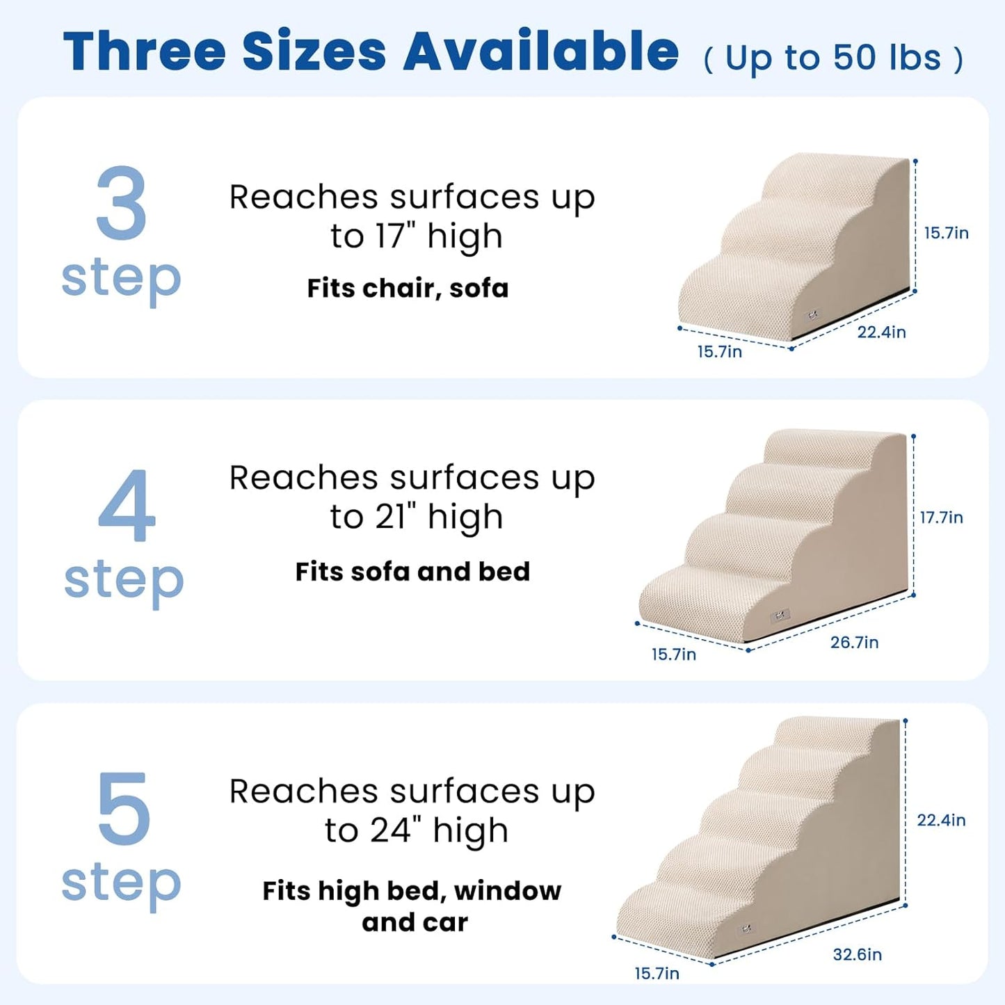 Airpanda Dog Steps for Bed, 4 Step Pet Stairs for Small and Medium Dogs, Non-Slip Dog Ramp with Washable Cover, High-Density Support Foam for Easy Climbing,Beige