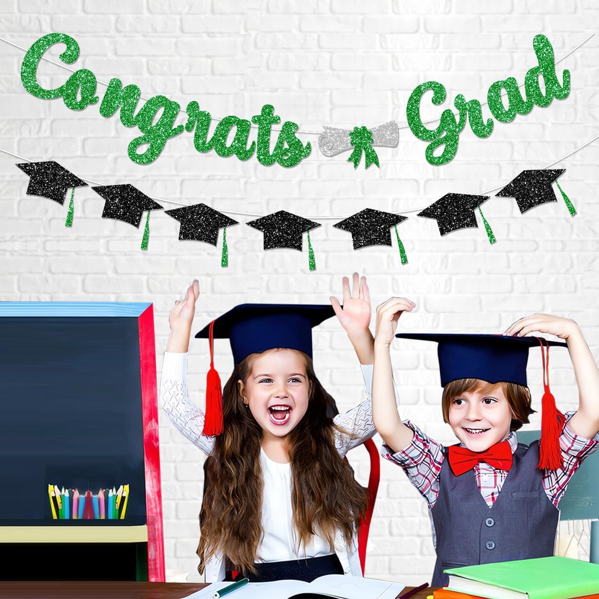 Glitter Green Congrats Grad Decorations Banner Pre-Strung Graduation Decorations Class of 2026 Banner Green and Black Congrats Grad with Tassel Decor College High School Graduation Party Favors no DIY BST220