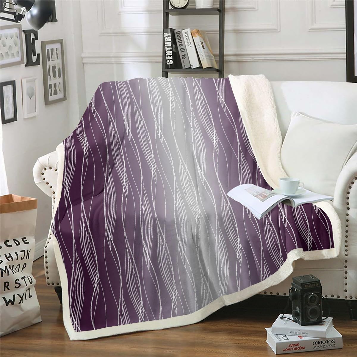 Erosebridal Boys Blue Red Throw Blanket 40"X50" Abstract Ombre Kids Fleece Bed Blanket Geometric Striped Sherpa Blanket Silver White Wavy Line Warm Fuzzy Blanket Soft Lightweight Bedroom Decor BST326H