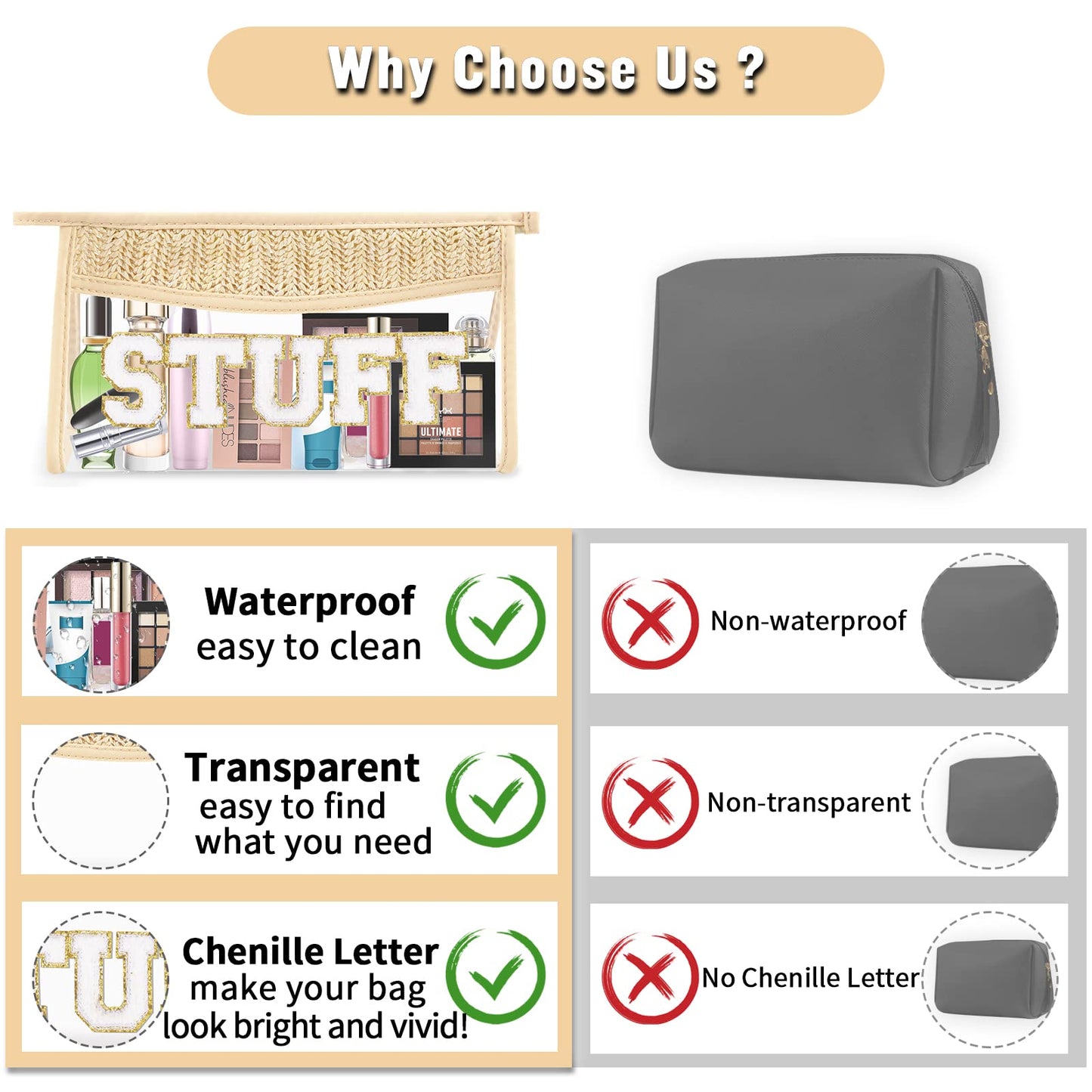 Boho Clear Makeup Bag Cosmetic Zipper Pouch Purse, Clear Toiletry Bags Travel Small Preppy Cute DIY Chenille Letter Bag, Transparent PVC Waterproof Clutch Make Up Organizer Storage Bag for Women Girls BST220