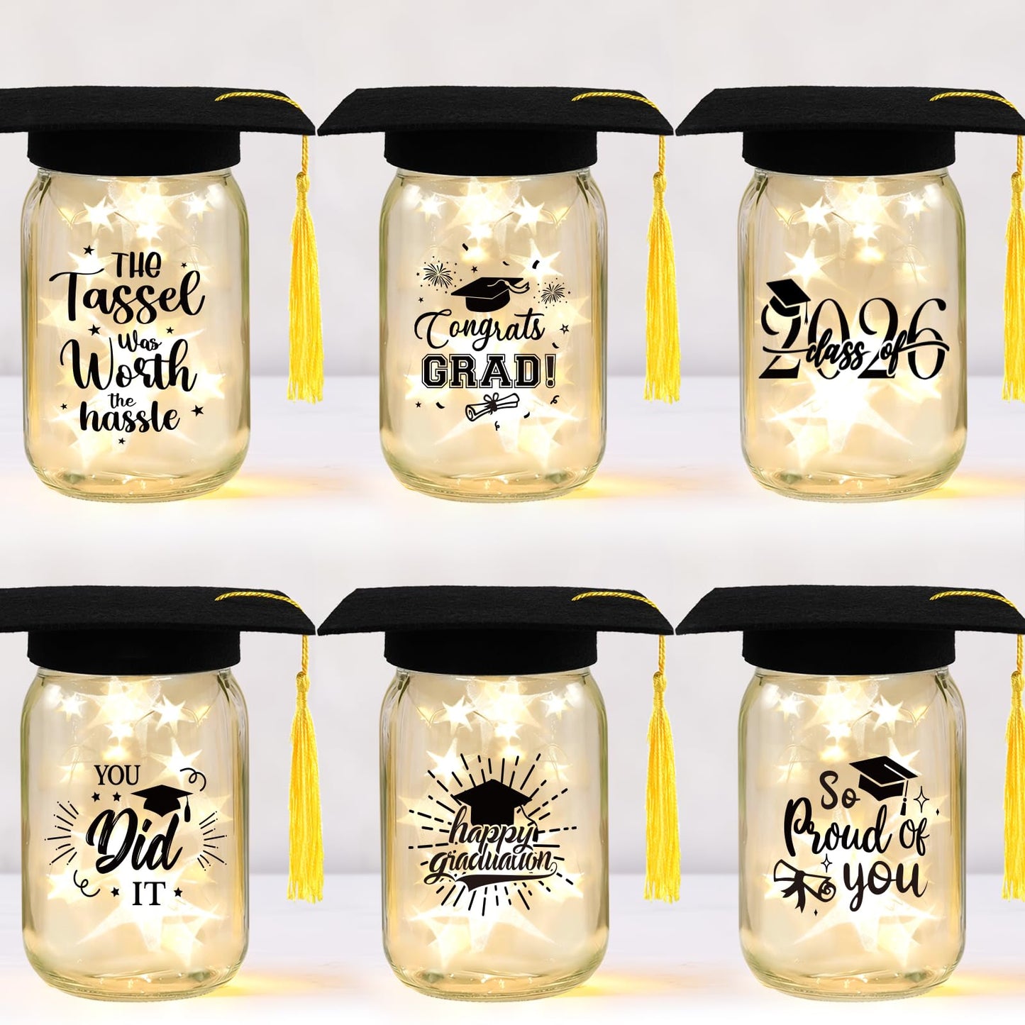 3 Sets 2026 Graduation Centerpieces for Tables, Glowing Mason Jar Centerpieces with Graduation Caps, Glowing Money Jars for College High School Congrats Grad Party Decor Supplies WN420