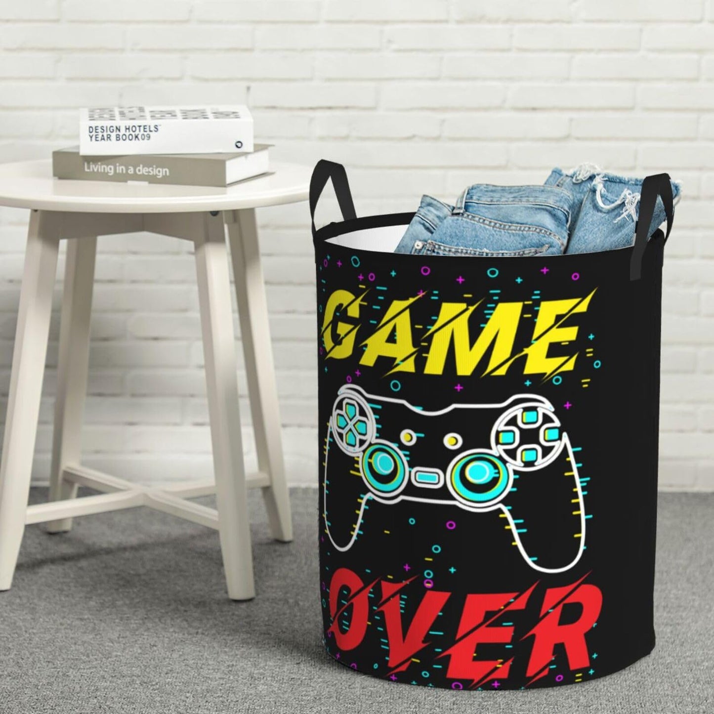 38L Round Laundry Hamper Video Game Controller Background Storage Basket Waterproof Coating Gaming Gadgets Organizer Bin For Nursery Clothes Toys BST202