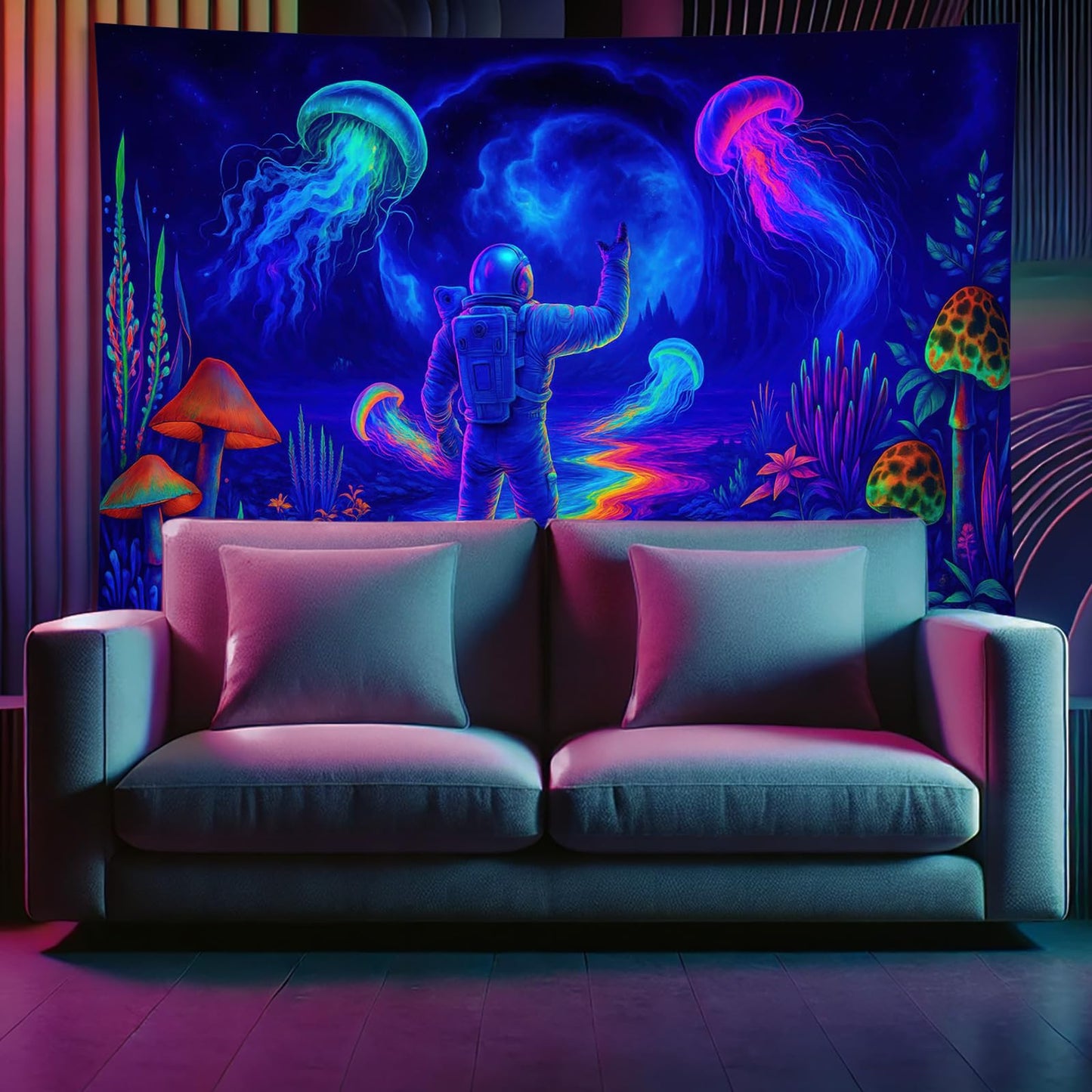 Starlit Patio Astronaut Blacklight Tapestry Trippy Forest Moon Vortex UV Reactive Galaxy Wall Hanging Psychedelic Space Poster Fluorescent Sci Fi Room Decor for Bedroom Dorm Gaming Lounge 78 x 59 Inch BST220