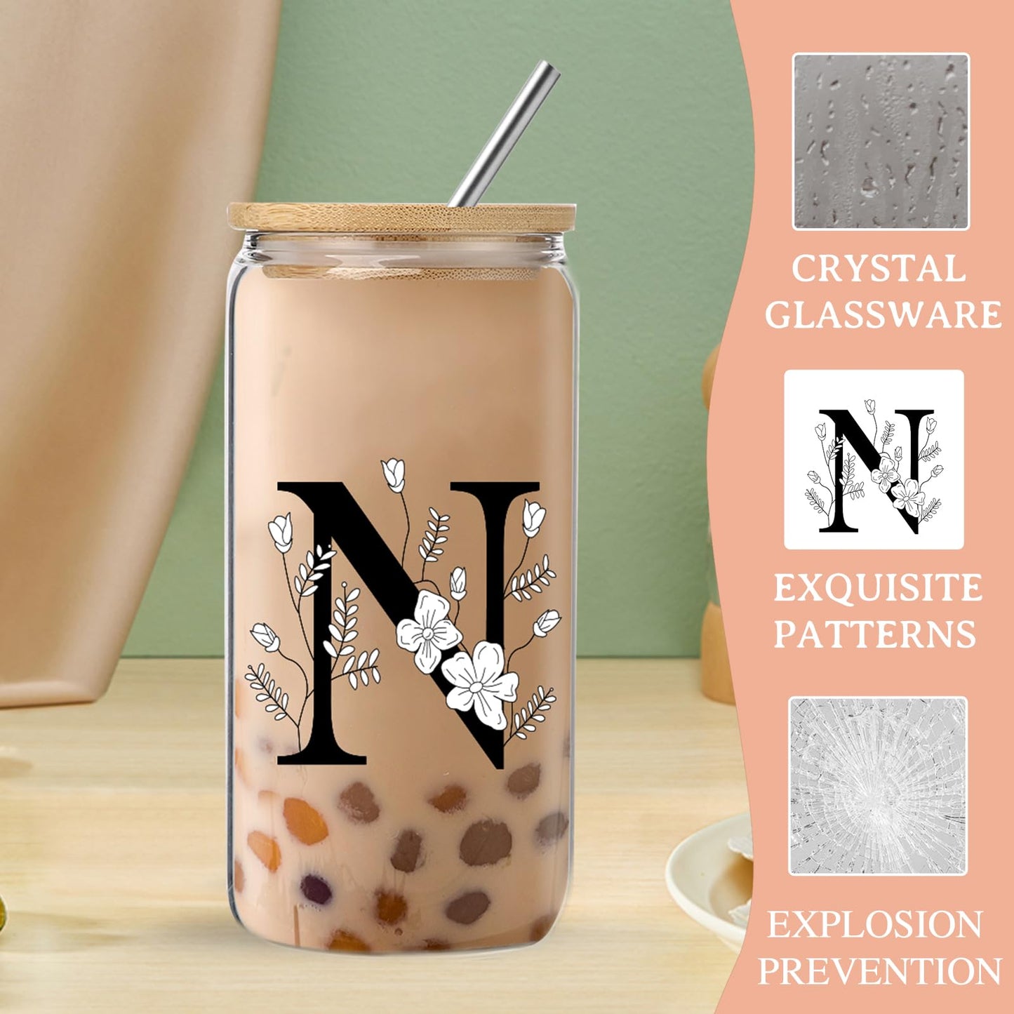 Monogrammed Initial Glass Cup with Lids and Straws gift for Women | Personalized Gift Set with Doll, 16 Oz Ice Coffee Cup ,reusable glass tumbler,Birthday Christmas Gift for Her,U WN420