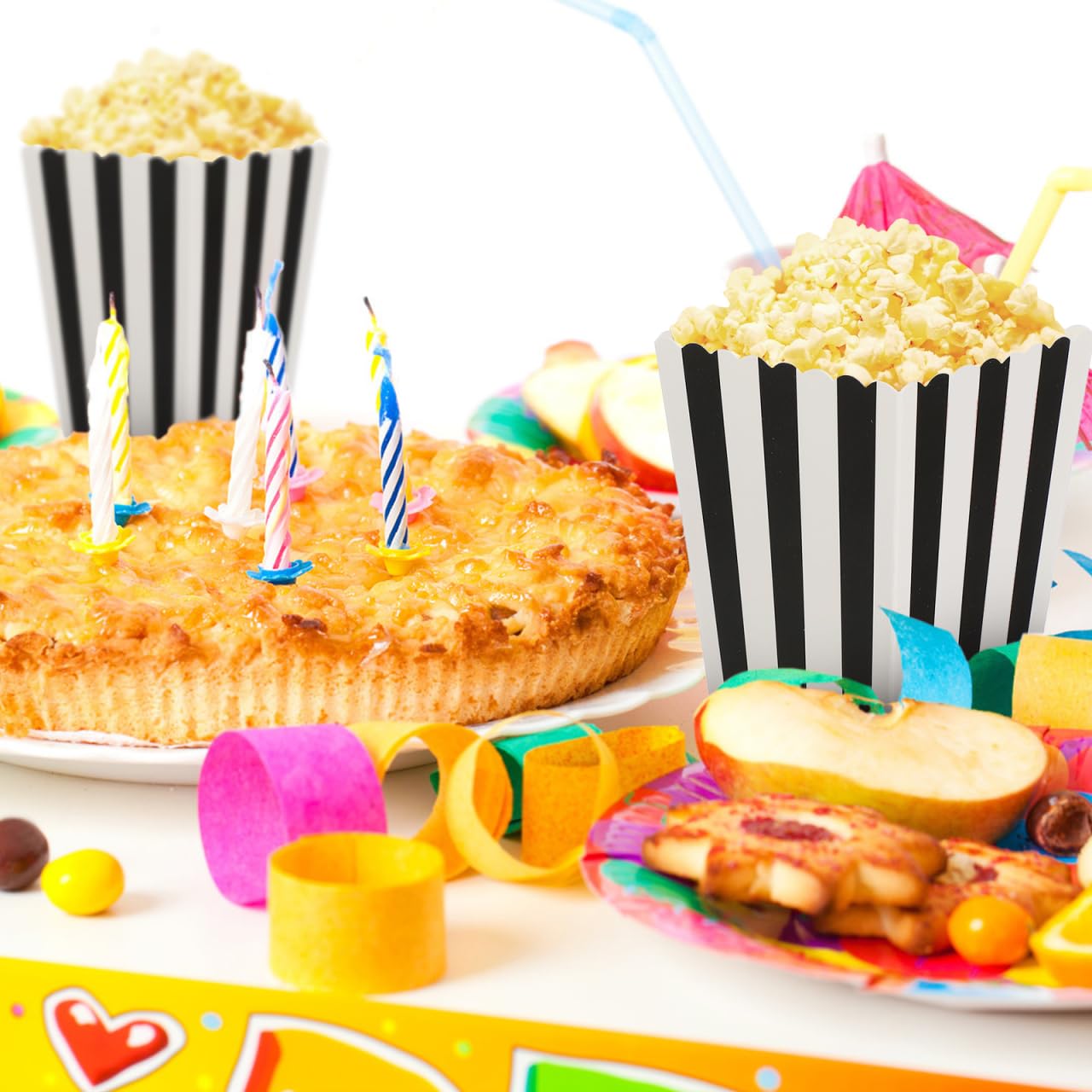 48 Pcs Black Striped Popcorn Boxes 5.51 X 5.51 X 0.19 in Foldable Paper Popcorn Containers for Movie Nights Party Favors Wedding Dessert Tables Candy and Cookie Serving BST202