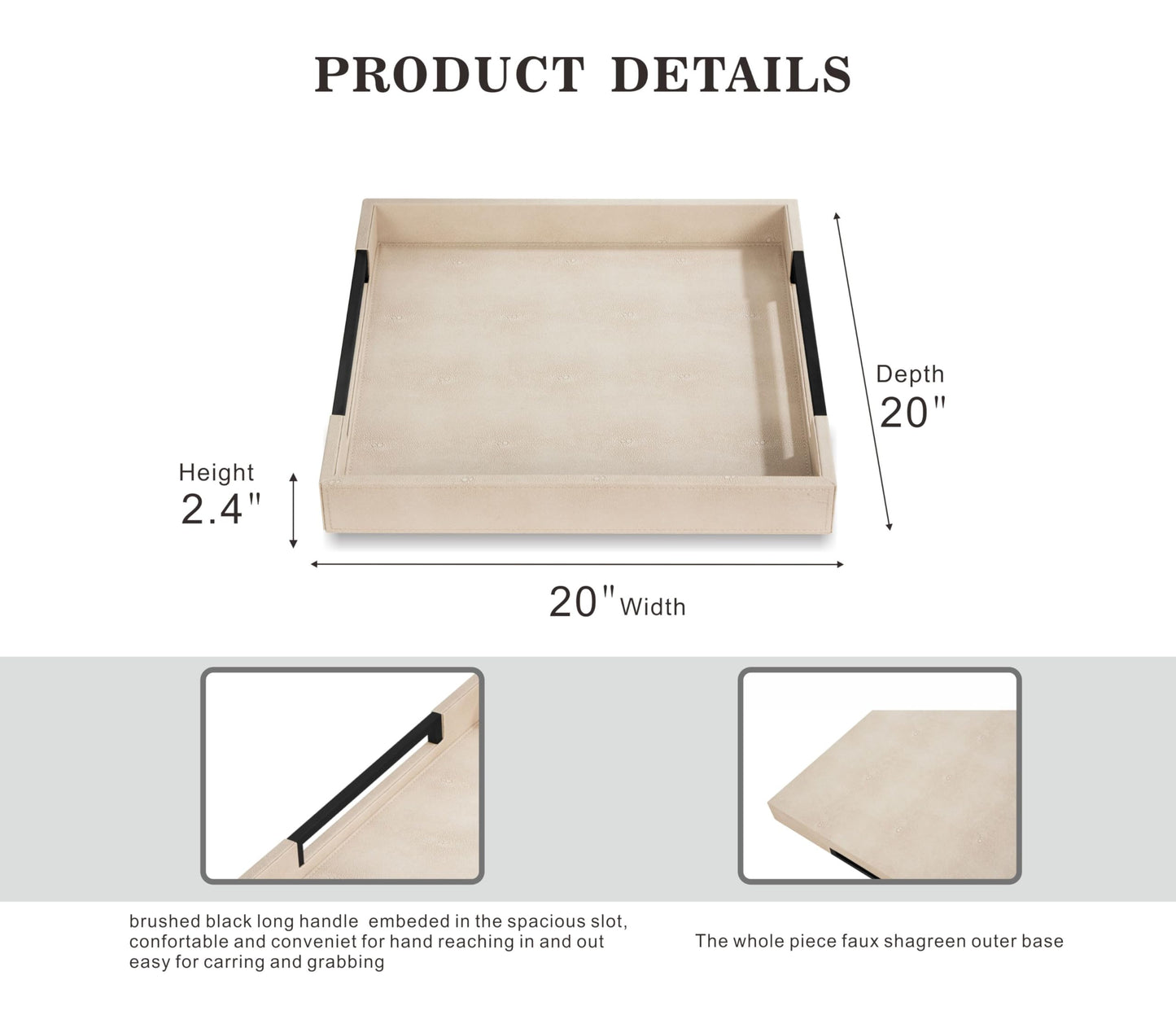 Sagala 16"x16" Ivory Shagreen Leather Serving Tray with Handles for Ottoman Coffee Table, Stylish Decorative Tray for Living Room Modern Home Decor (Ivory-Black, Square 16") BST220