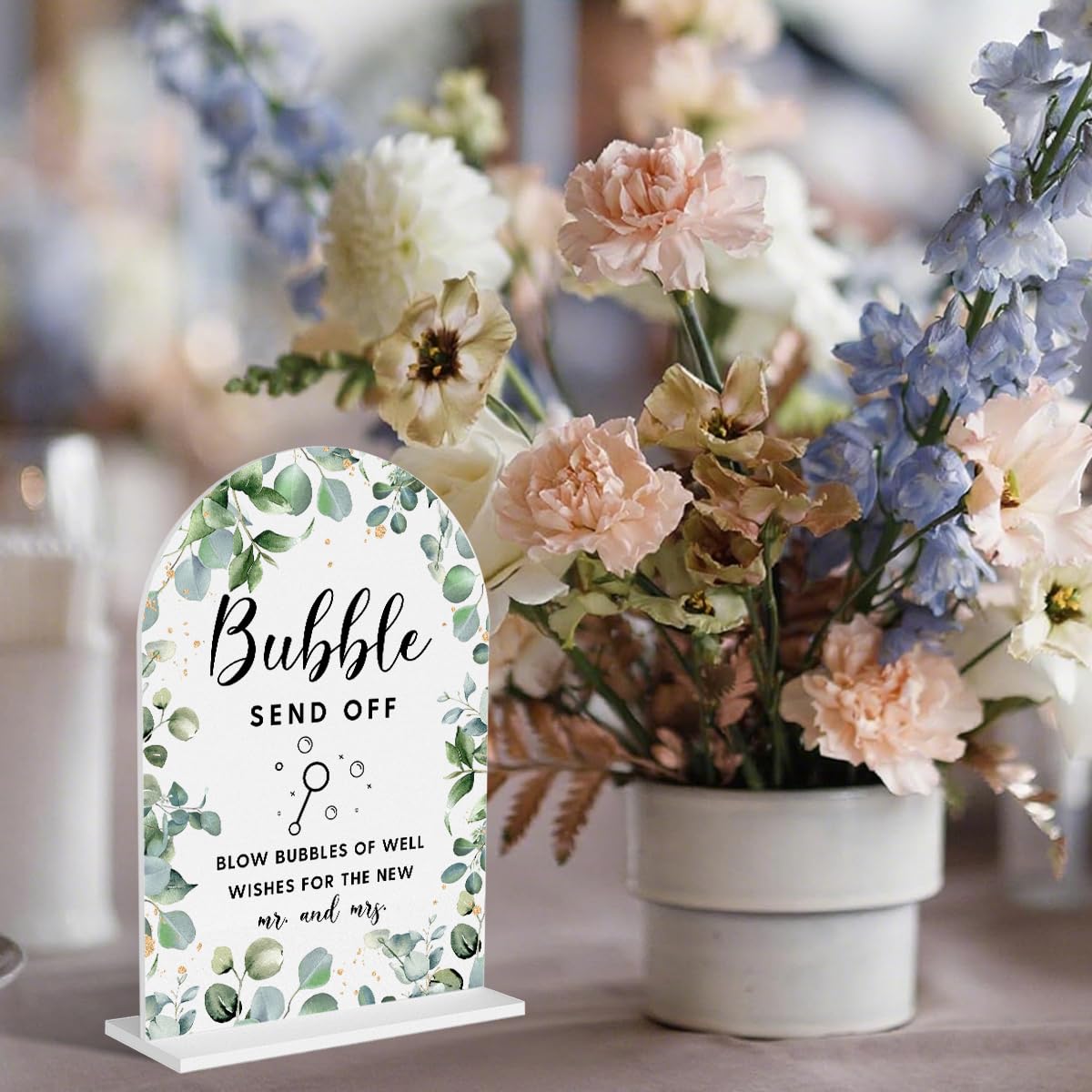 Acrylic Wedding Signs, Bubble Send Off Signs for Marriage Reception, Bridal Shower Decorations, Modern Arched Round Top Acrylic Table Top Sign with Holder for Wedding Party (White Eucalyptus Leaves) BST326L