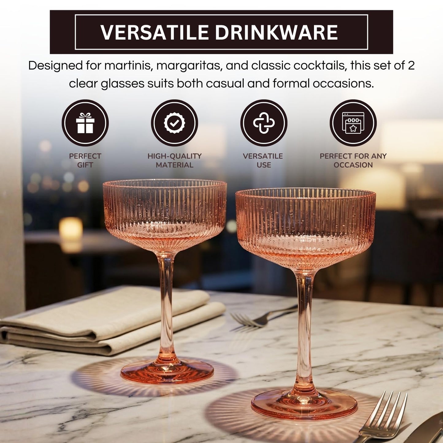 Khen Pink Peach Acrylic Ribbed Coupe Martini Champagne Cocktail Glasses, Set of 4, 8 oz Shatterproof Ripple Stemware European Style Reusable Drinkware Goblets, Indoor Outdoor Parties Weddings Bar Gift BST220